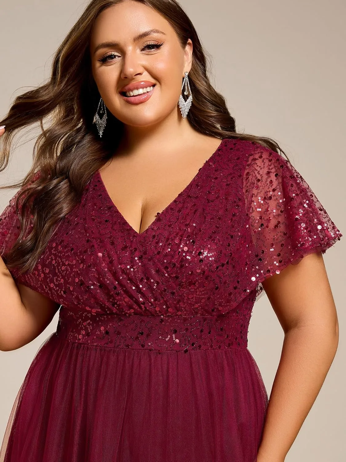 Ever-Pretty Plus Women's V Neck Curvy Short Sleeves A Line Sequin Plus Size Formal Evening Dresses 02223-DA