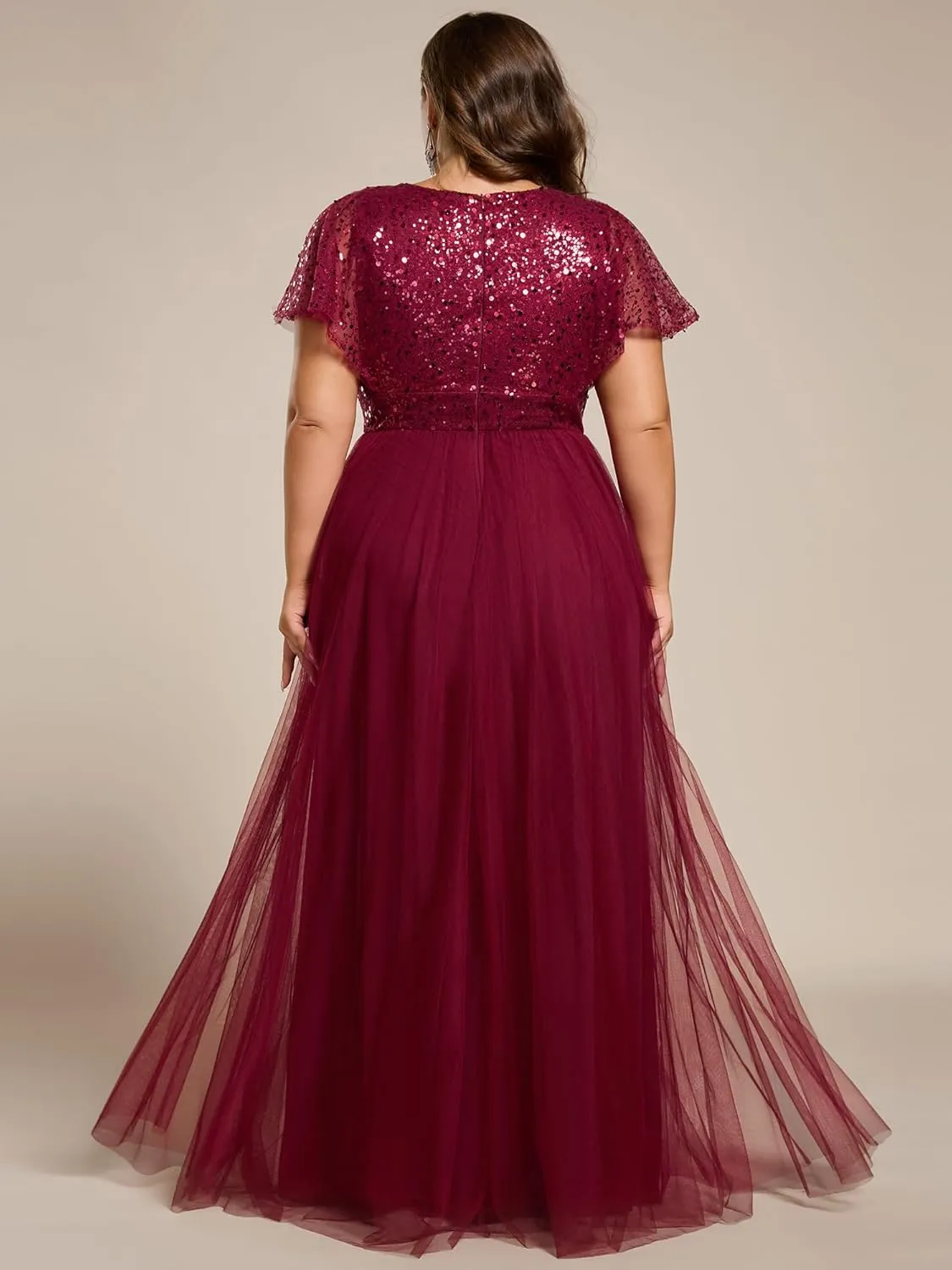 Ever-Pretty Plus Women's V Neck Curvy Short Sleeves A Line Sequin Plus Size Formal Evening Dresses 02223-DA