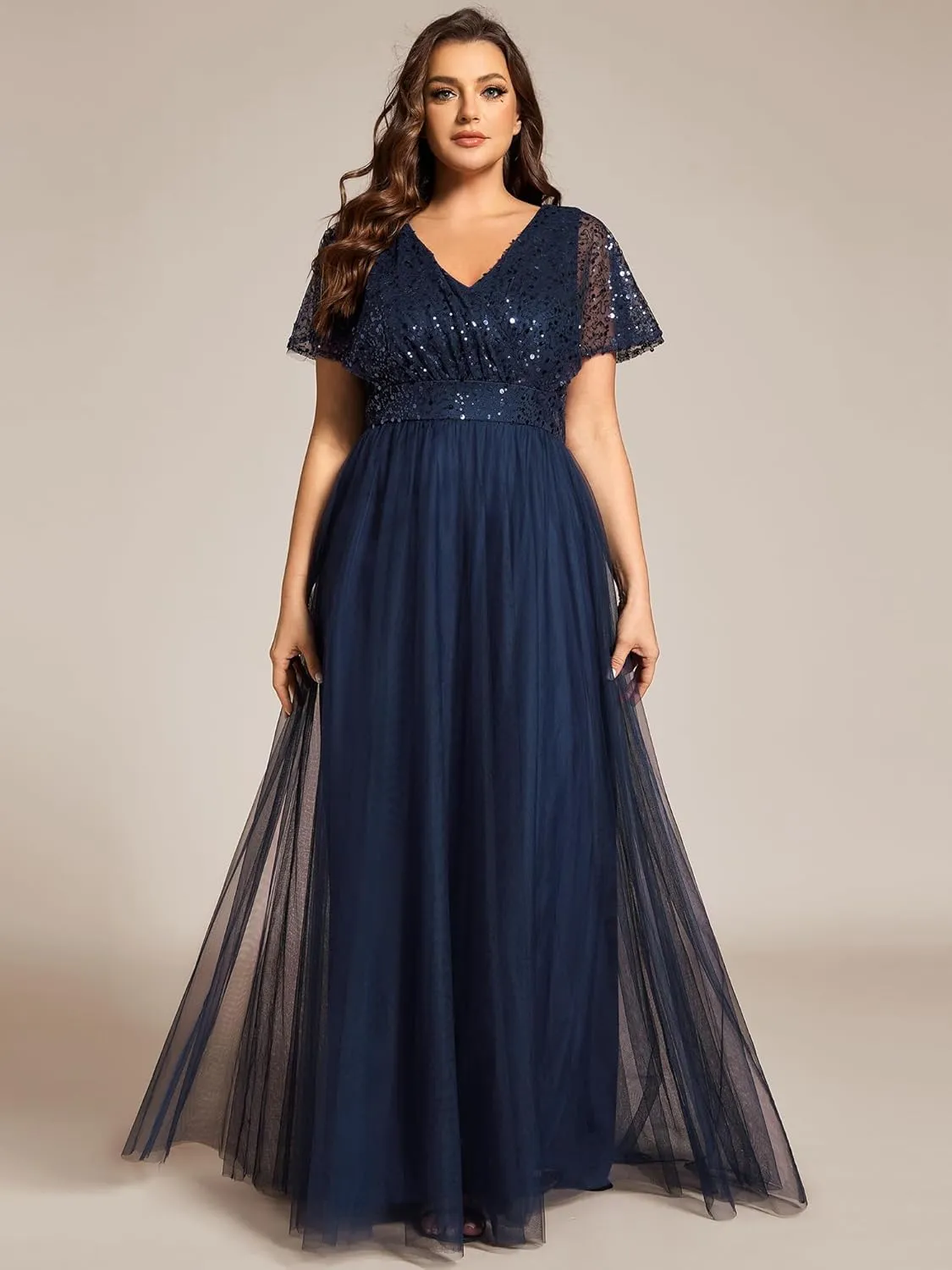 Ever-Pretty Plus Women's V Neck Curvy Short Sleeves A Line Sequin Plus Size Formal Evening Dresses 02223-DA