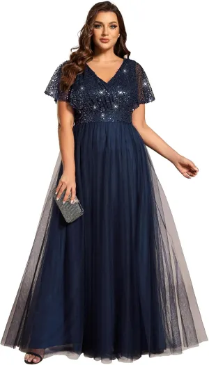 Ever-Pretty Plus Women's V Neck Curvy Short Sleeves A Line Sequin Plus Size Formal Evening Dresses 02223-DA