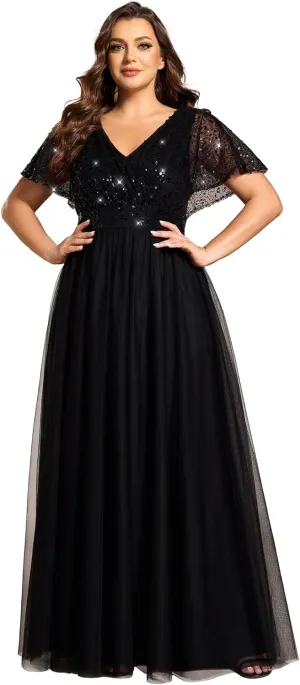 Ever-Pretty Plus Women's V Neck Curvy Short Sleeves A Line Sequin Plus Size Formal Evening Dresses 02223-DA