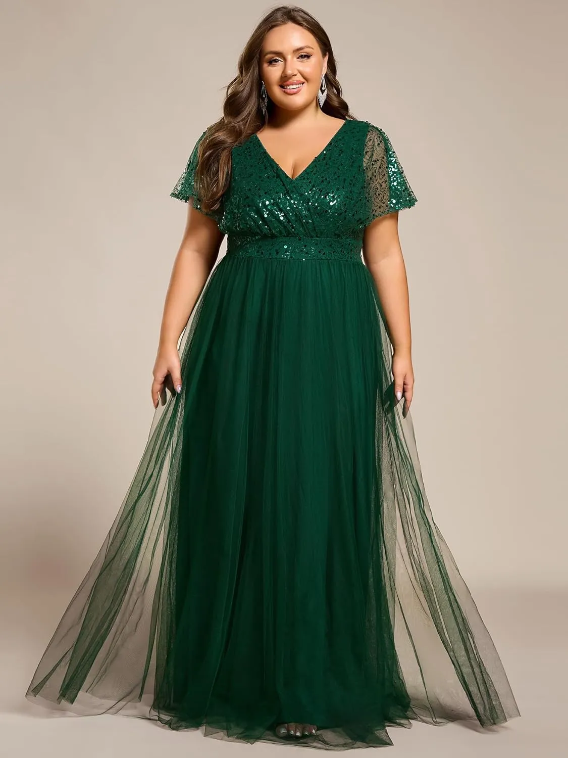 Ever-Pretty Plus Women's V Neck Curvy Short Sleeves A Line Sequin Plus Size Formal Evening Dresses 02223-DA
