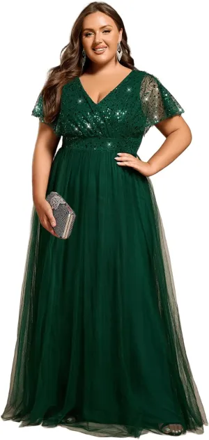 Ever-Pretty Plus Women's V Neck Curvy Short Sleeves A Line Sequin Plus Size Formal Evening Dresses 02223-DA