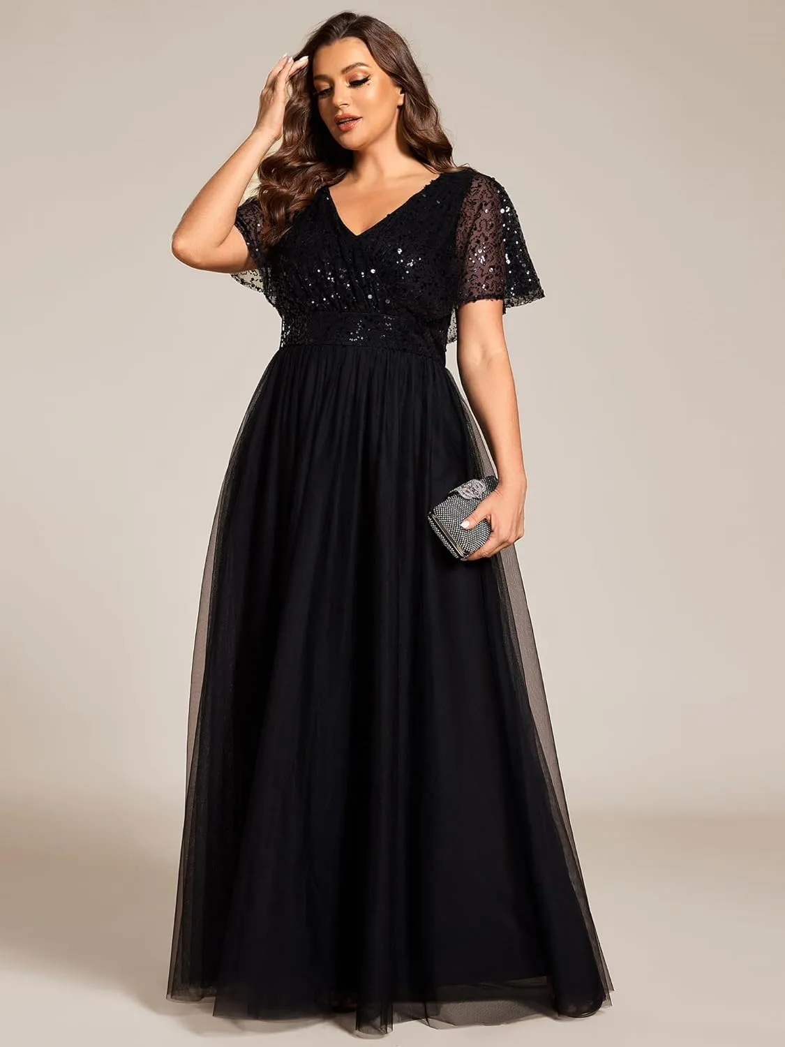 Ever-Pretty Plus Women's V Neck Curvy Short Sleeves A Line Sequin Plus Size Formal Evening Dresses 02223-DA