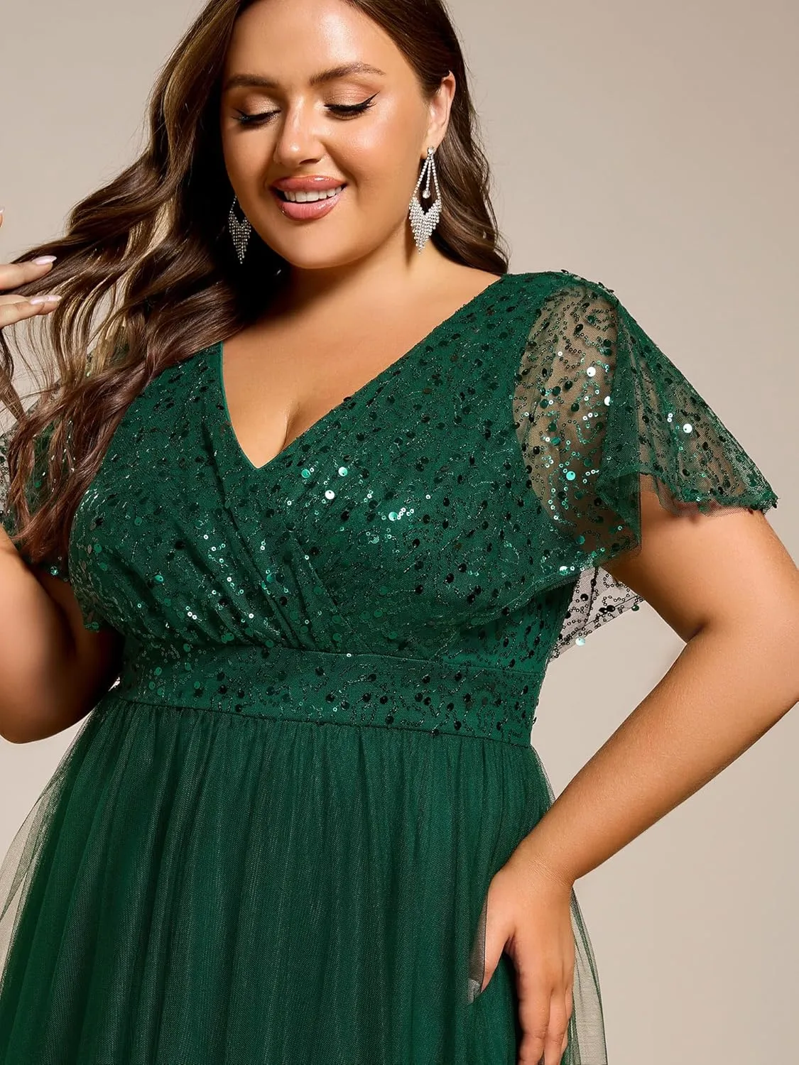 Ever-Pretty Plus Women's V Neck Curvy Short Sleeves A Line Sequin Plus Size Formal Evening Dresses 02223-DA