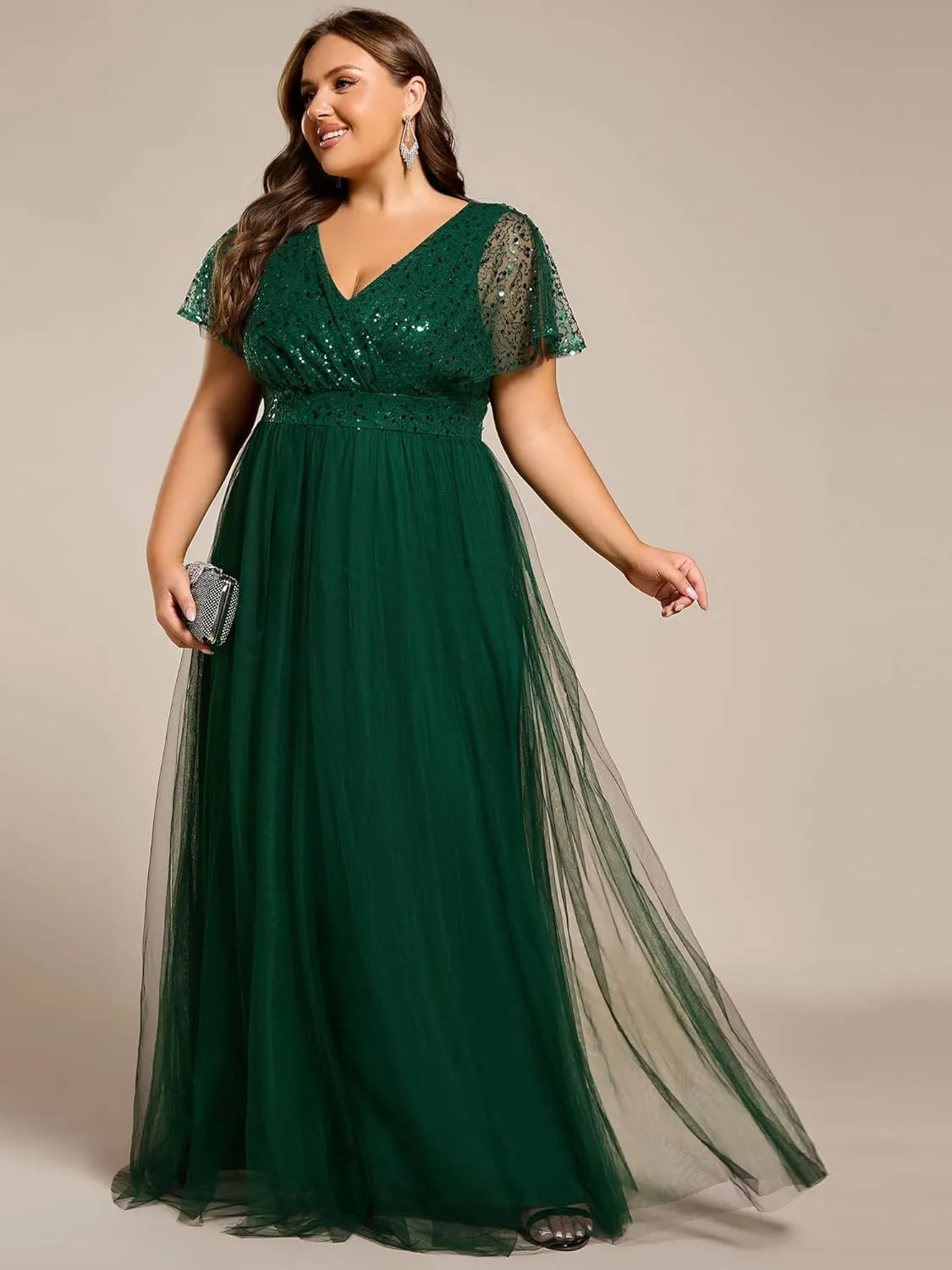 Ever-Pretty Plus Women's V Neck Curvy Short Sleeves A Line Sequin Plus Size Formal Evening Dresses 02223-DA
