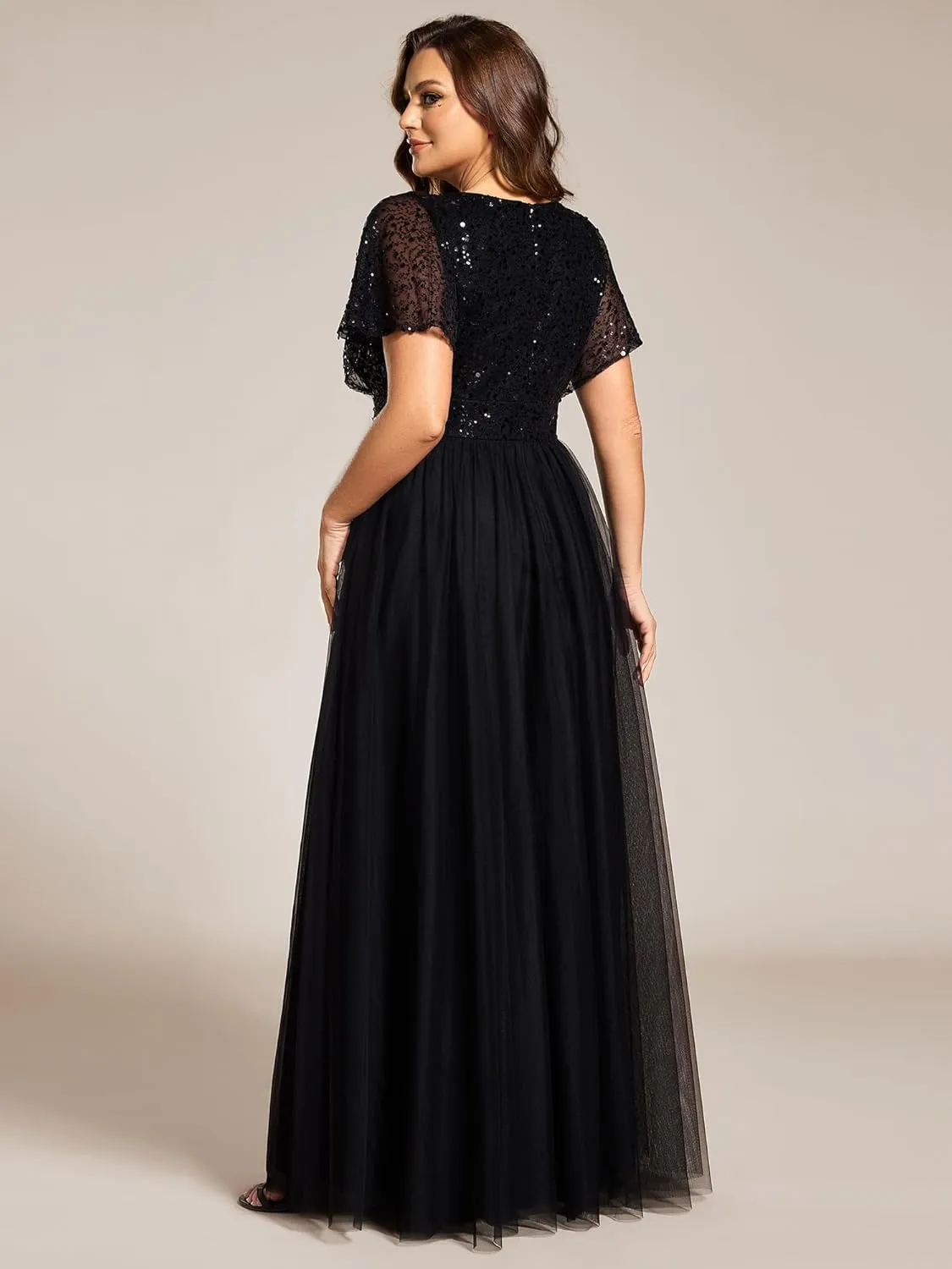 Ever-Pretty Plus Women's V Neck Curvy Short Sleeves A Line Sequin Plus Size Formal Evening Dresses 02223-DA
