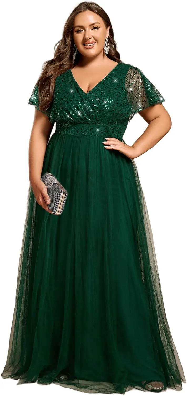 Ever-Pretty Plus Women's V Neck Curvy Short Sleeves A Line Sequin Plus Size Formal Evening Dresses 02223-DA