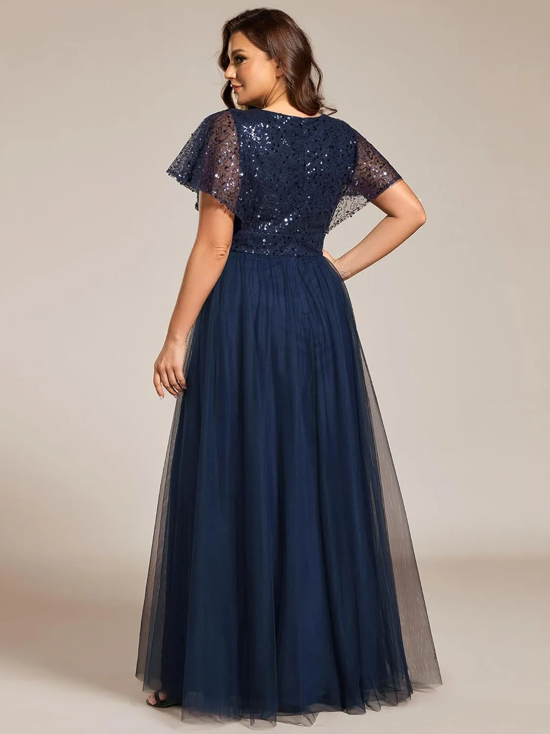 Ever-Pretty Plus Women's V Neck Curvy Short Sleeves A Line Sequin Plus Size Formal Evening Dresses 02223-DA