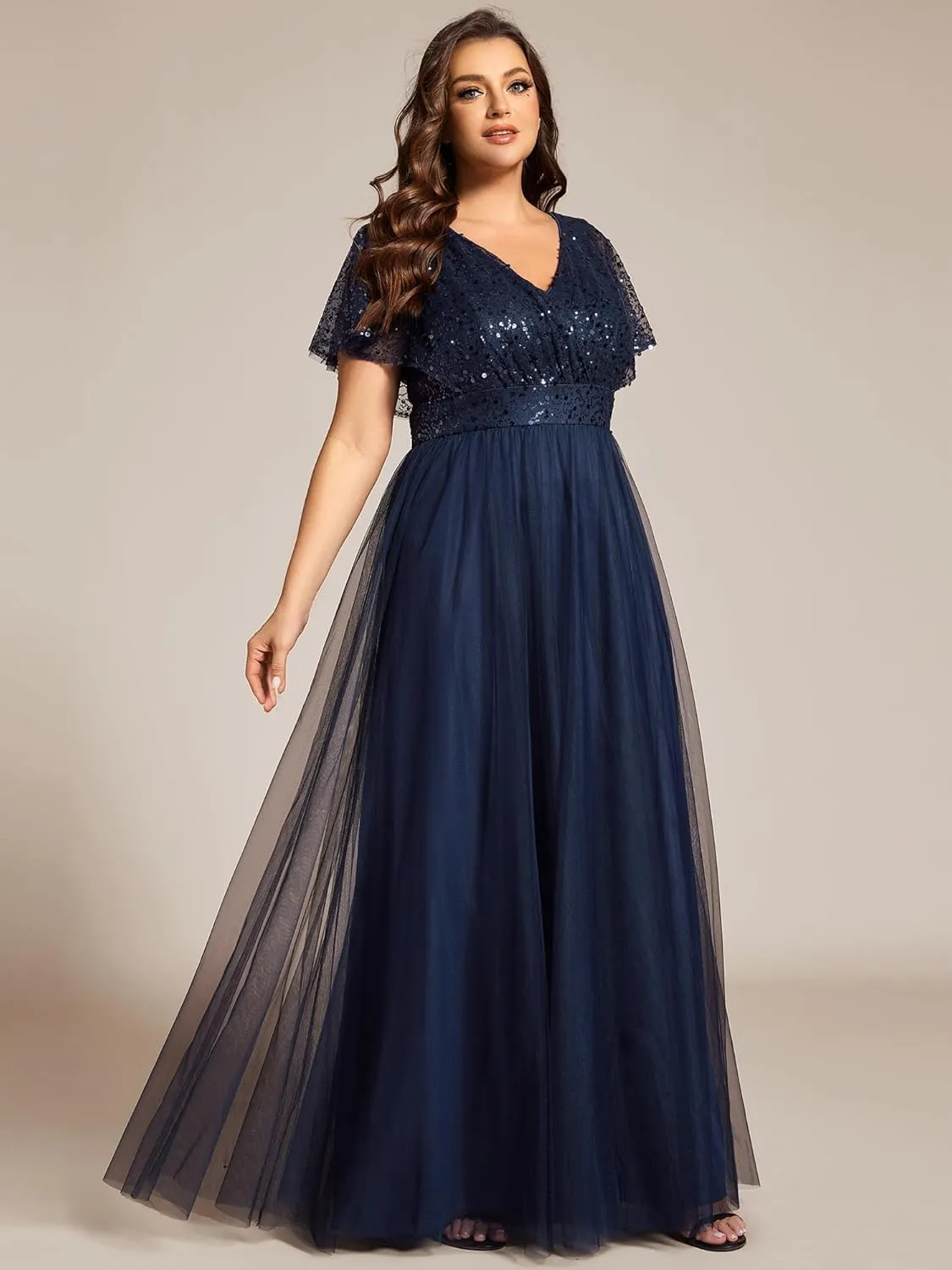 Ever-Pretty Plus Women's V Neck Curvy Short Sleeves A Line Sequin Plus Size Formal Evening Dresses 02223-DA