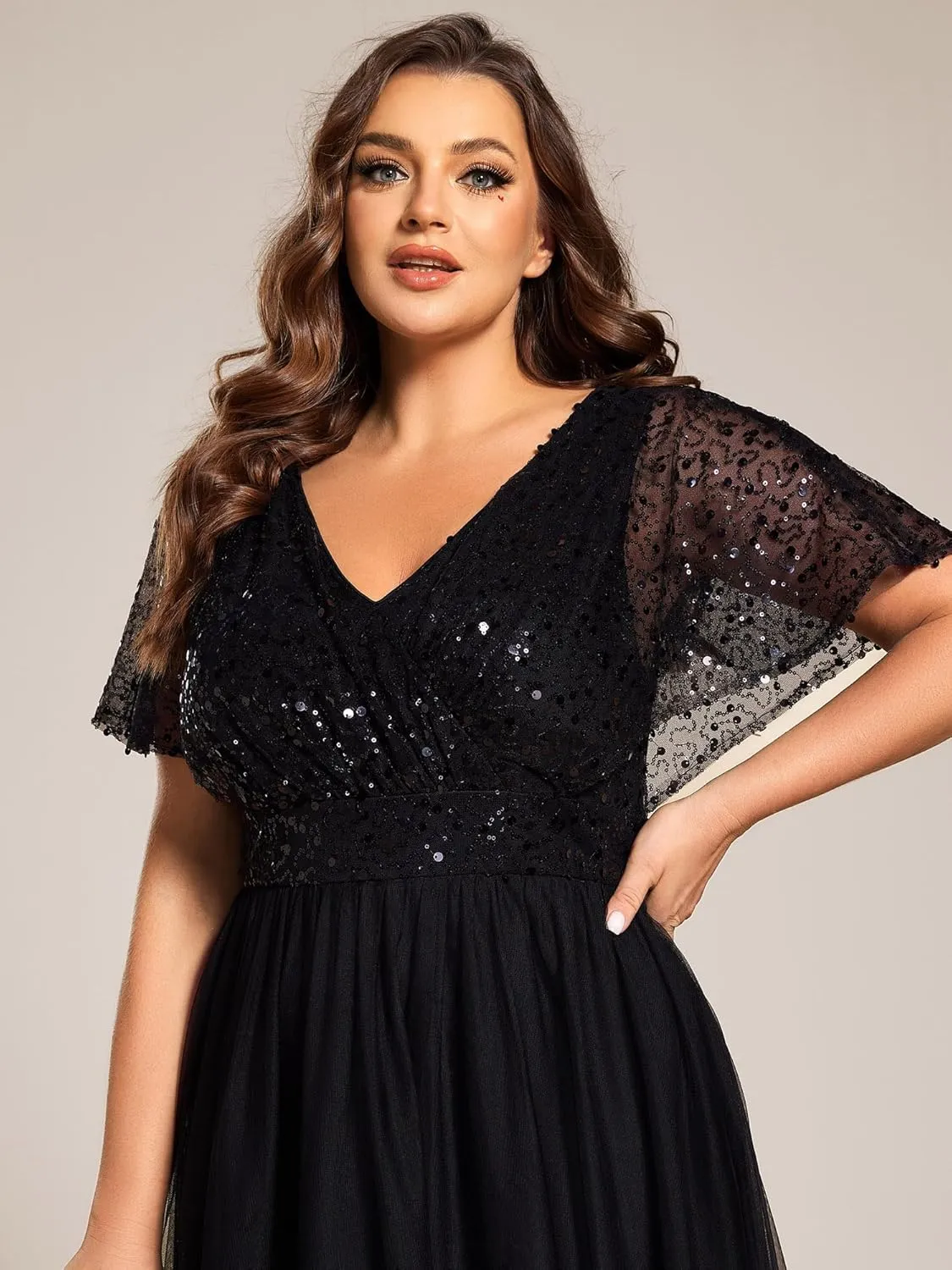 Ever-Pretty Plus Women's V Neck Curvy Short Sleeves A Line Sequin Plus Size Formal Evening Dresses 02223-DA
