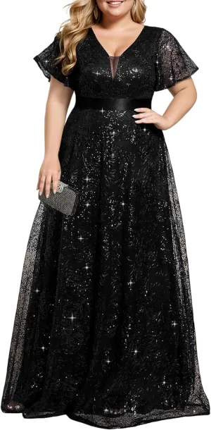 Ever-Pretty Plus Women's V Neck Embroidered Sequin A Line Ruffles Sleeves Plus Size Evening Dresses Ball Gowns 02314-DA