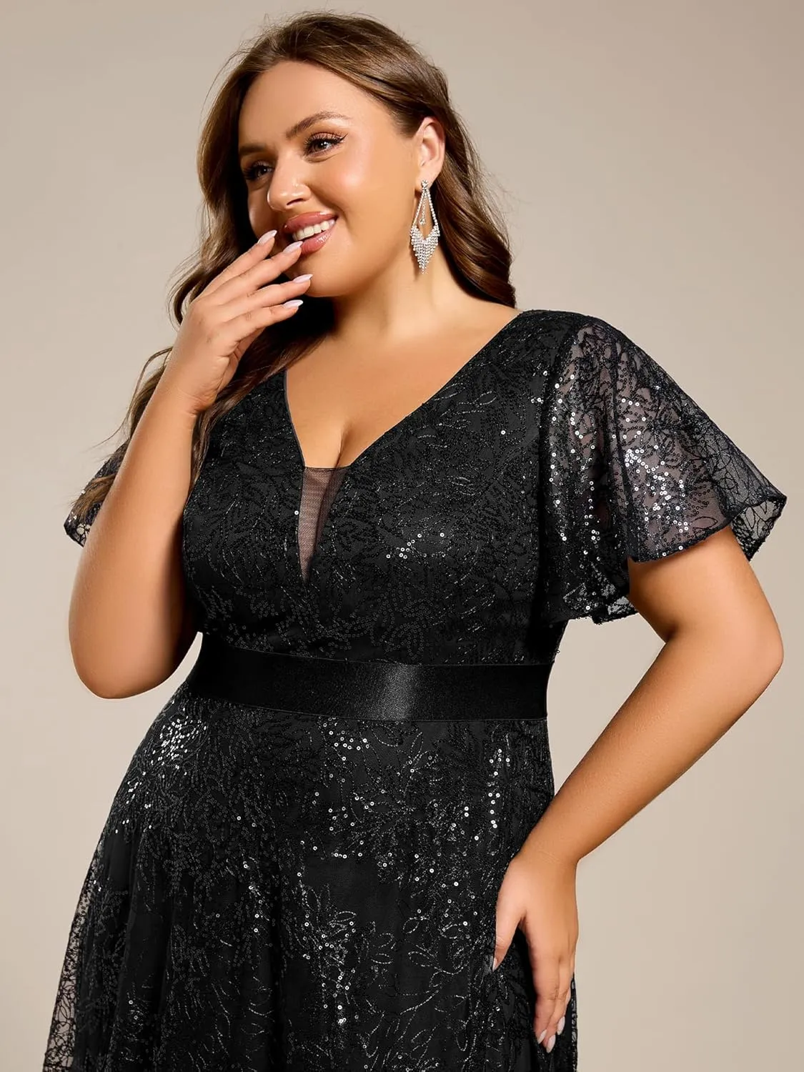 Ever-Pretty Plus Women's V Neck Embroidered Sequin A Line Ruffles Sleeves Plus Size Evening Dresses Ball Gowns 02314-DA