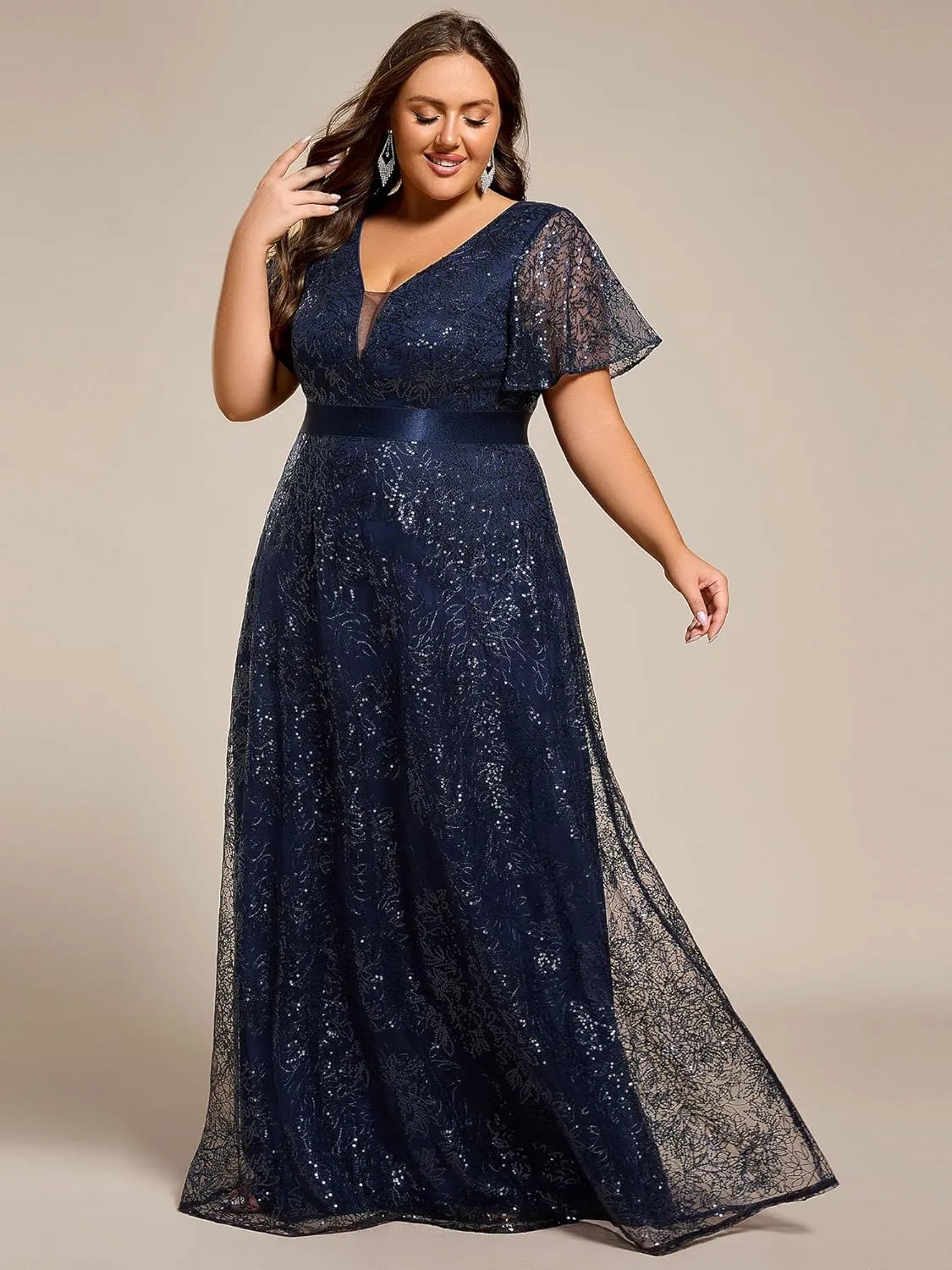 Ever-Pretty Plus Women's V Neck Embroidered Sequin A Line Ruffles Sleeves Plus Size Evening Dresses Ball Gowns 02314-DA