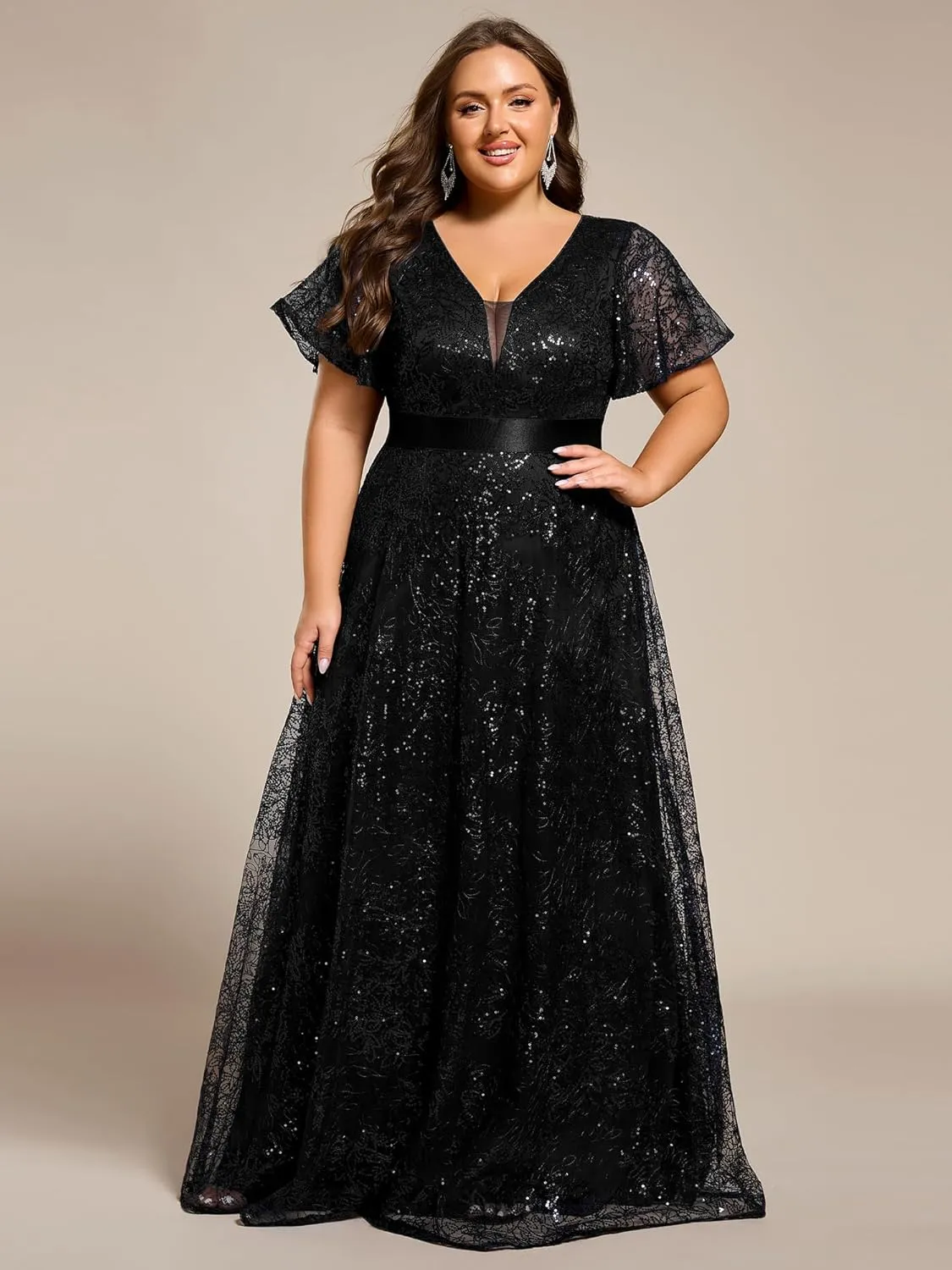 Ever-Pretty Plus Women's V Neck Embroidered Sequin A Line Ruffles Sleeves Plus Size Evening Dresses Ball Gowns 02314-DA