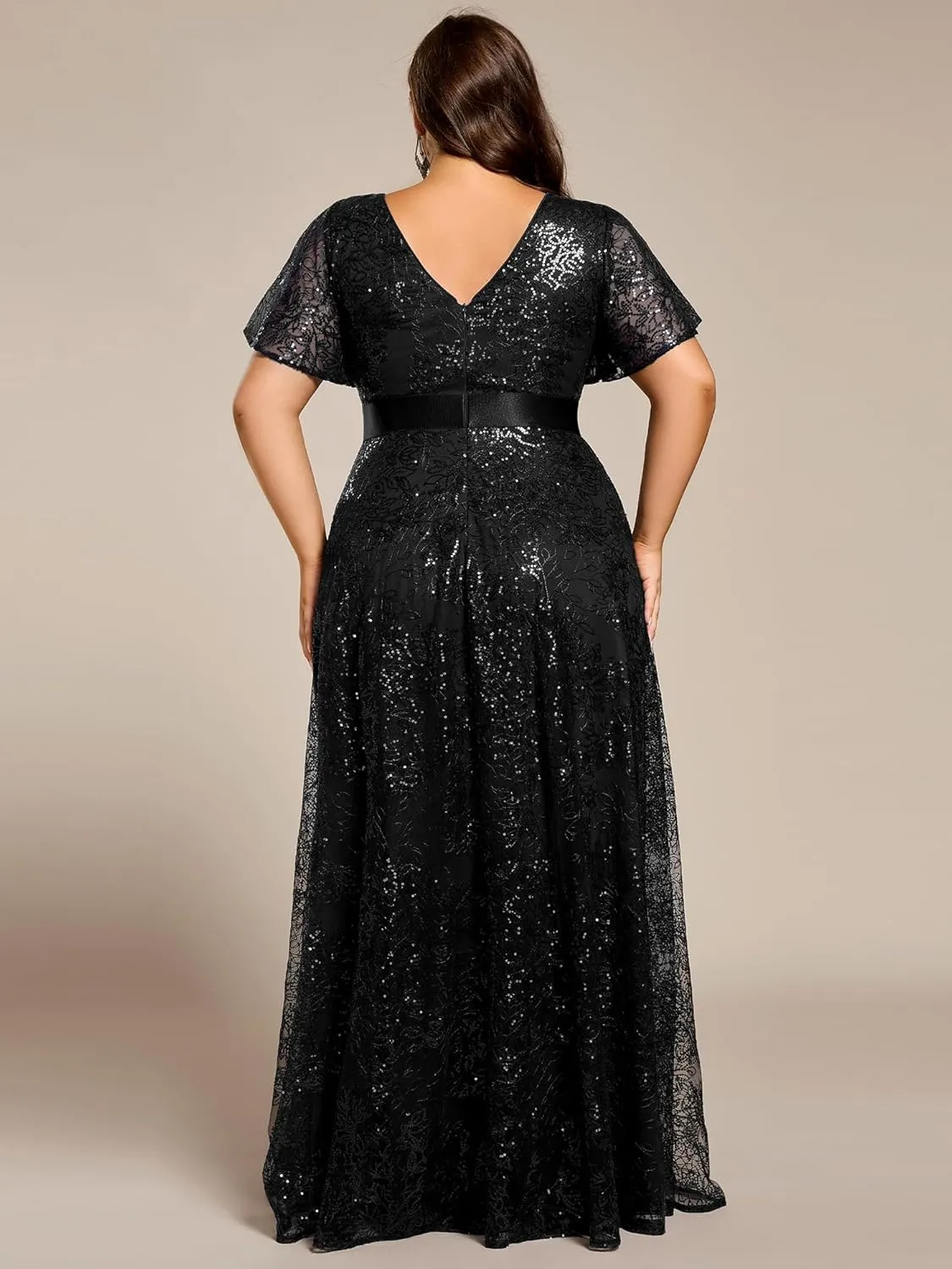 Ever-Pretty Plus Women's V Neck Embroidered Sequin A Line Ruffles Sleeves Plus Size Evening Dresses Ball Gowns 02314-DA