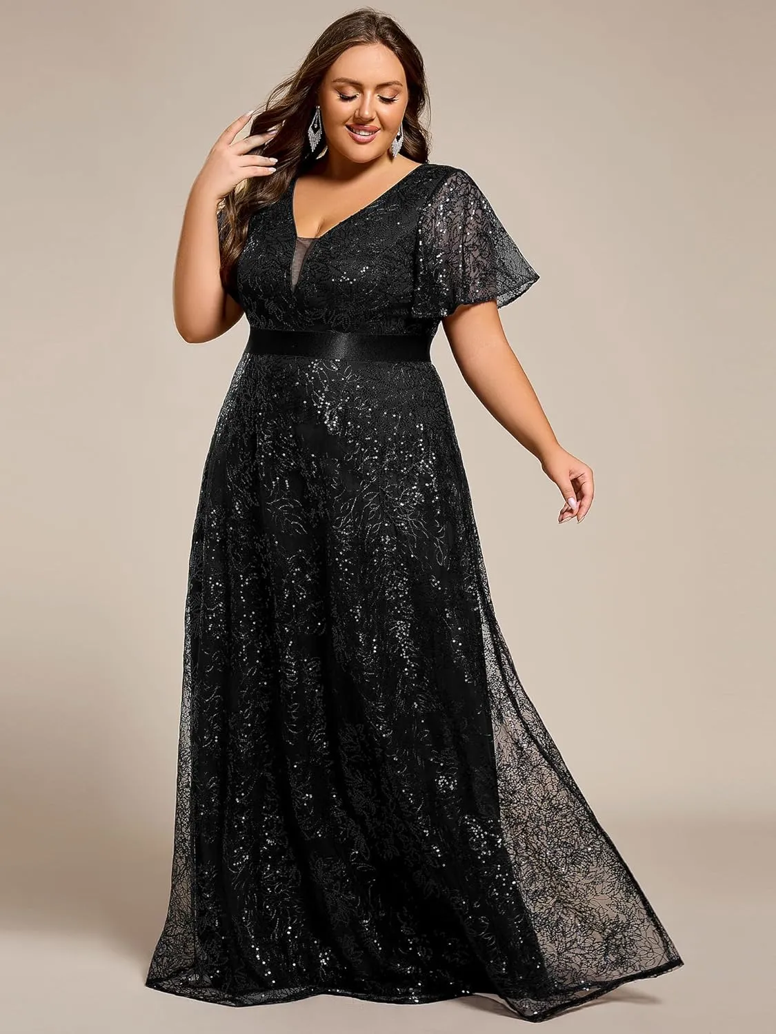 Ever-Pretty Plus Women's V Neck Embroidered Sequin A Line Ruffles Sleeves Plus Size Evening Dresses Ball Gowns 02314-DA