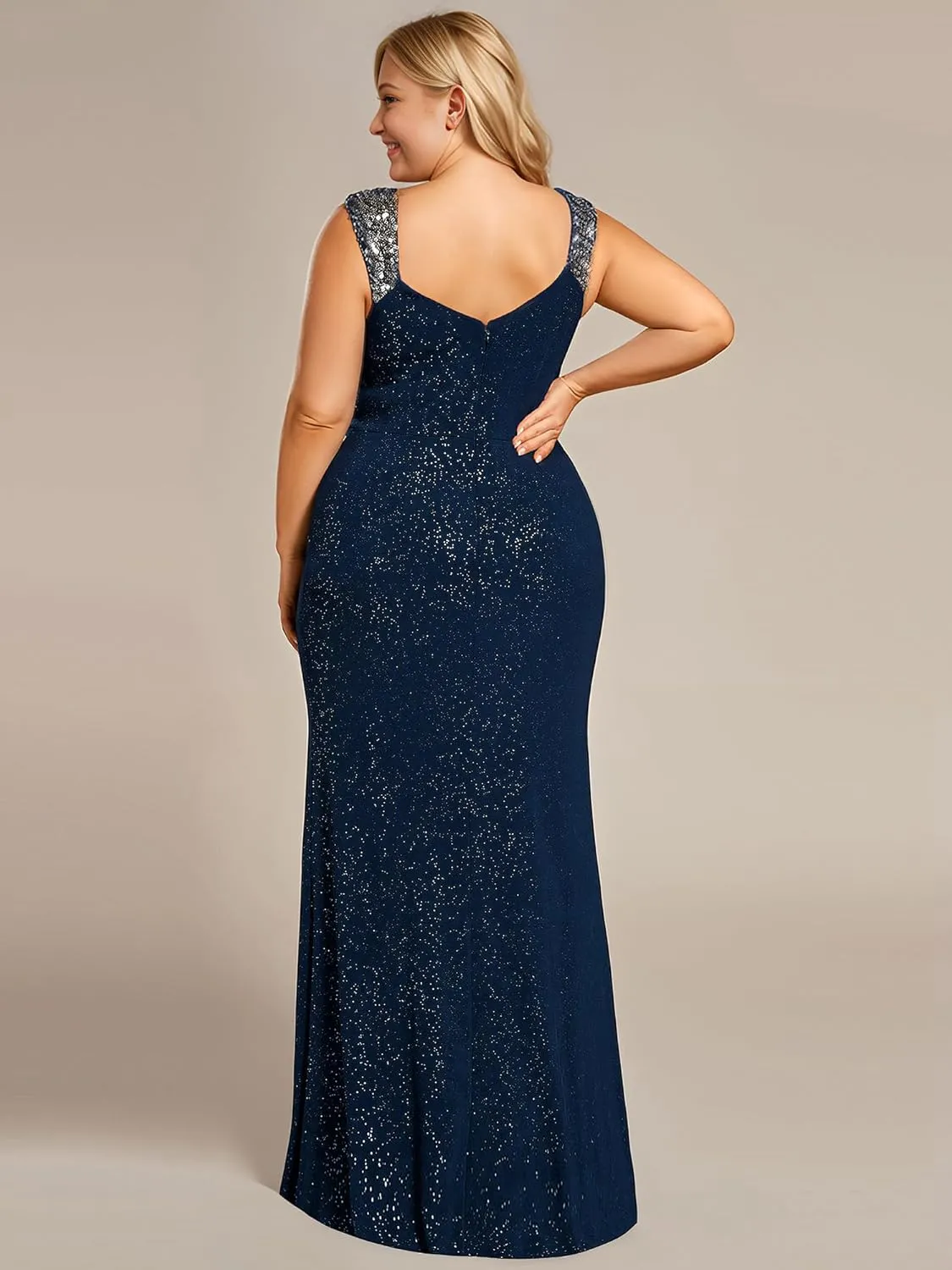 Ever-Pretty Plus Women's V Neck Pleated Bodycon Glitter Side Slit Sleeveless Floor Length Plus Size Ball Dresses 01888-DAPH