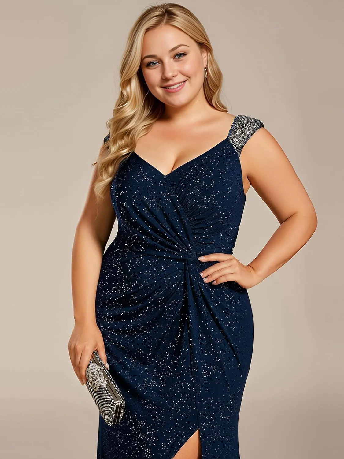 Ever-Pretty Plus Women's V Neck Pleated Bodycon Glitter Side Slit Sleeveless Floor Length Plus Size Ball Dresses 01888-DAPH