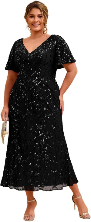 Ever-Pretty Plus Women's V Neck Short Sleeves Bodycon Sequin Maxi Plus Size Formal Dresses