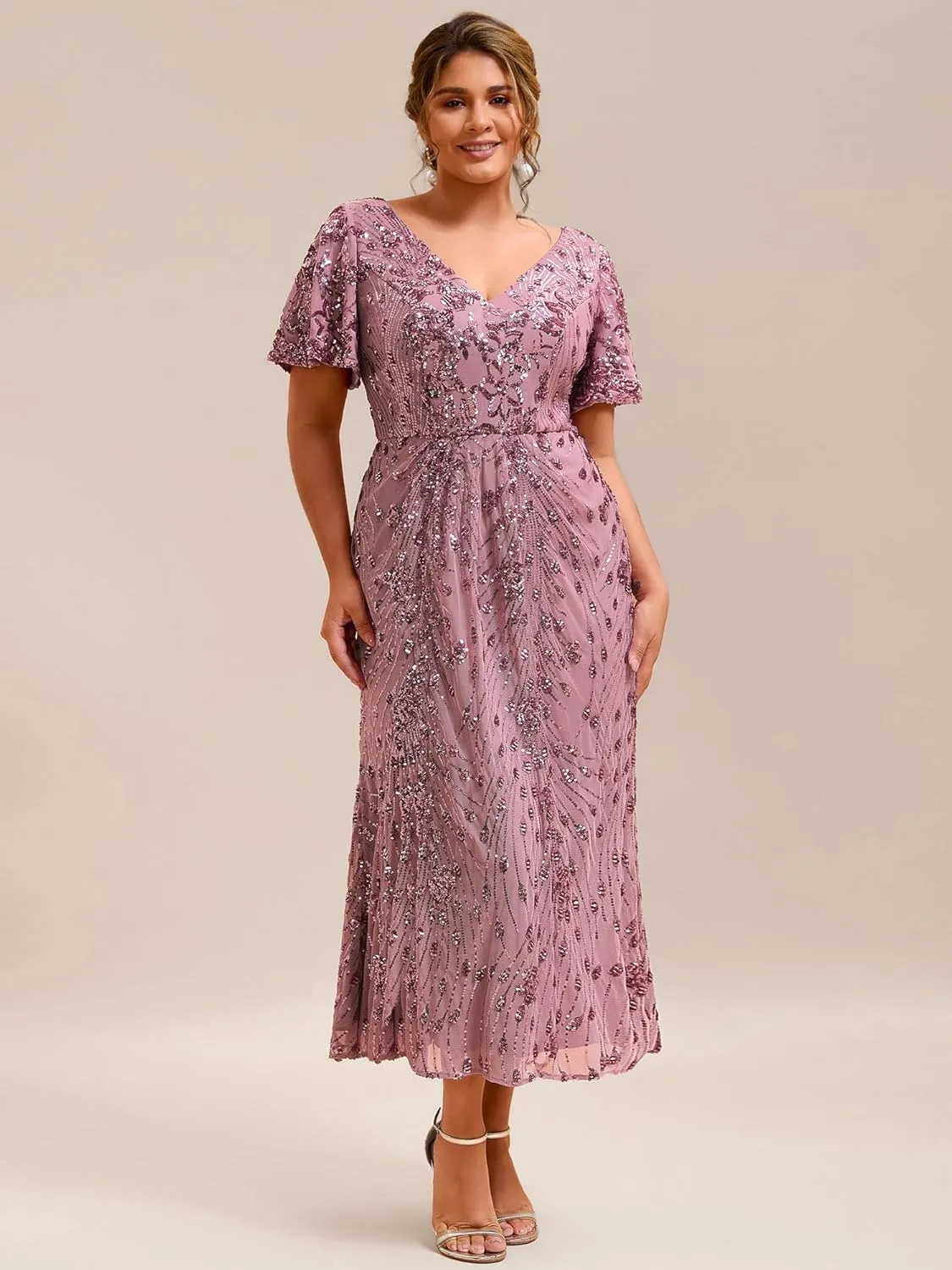 Ever-Pretty Plus Women's V Neck Short Sleeves Bodycon Sequin Maxi Plus Size Formal Dresses