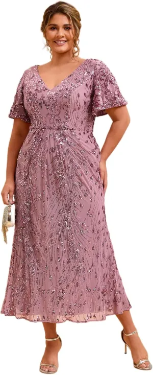 Ever-Pretty Plus Women's V Neck Short Sleeves Bodycon Sequin Maxi Plus Size Formal Dresses