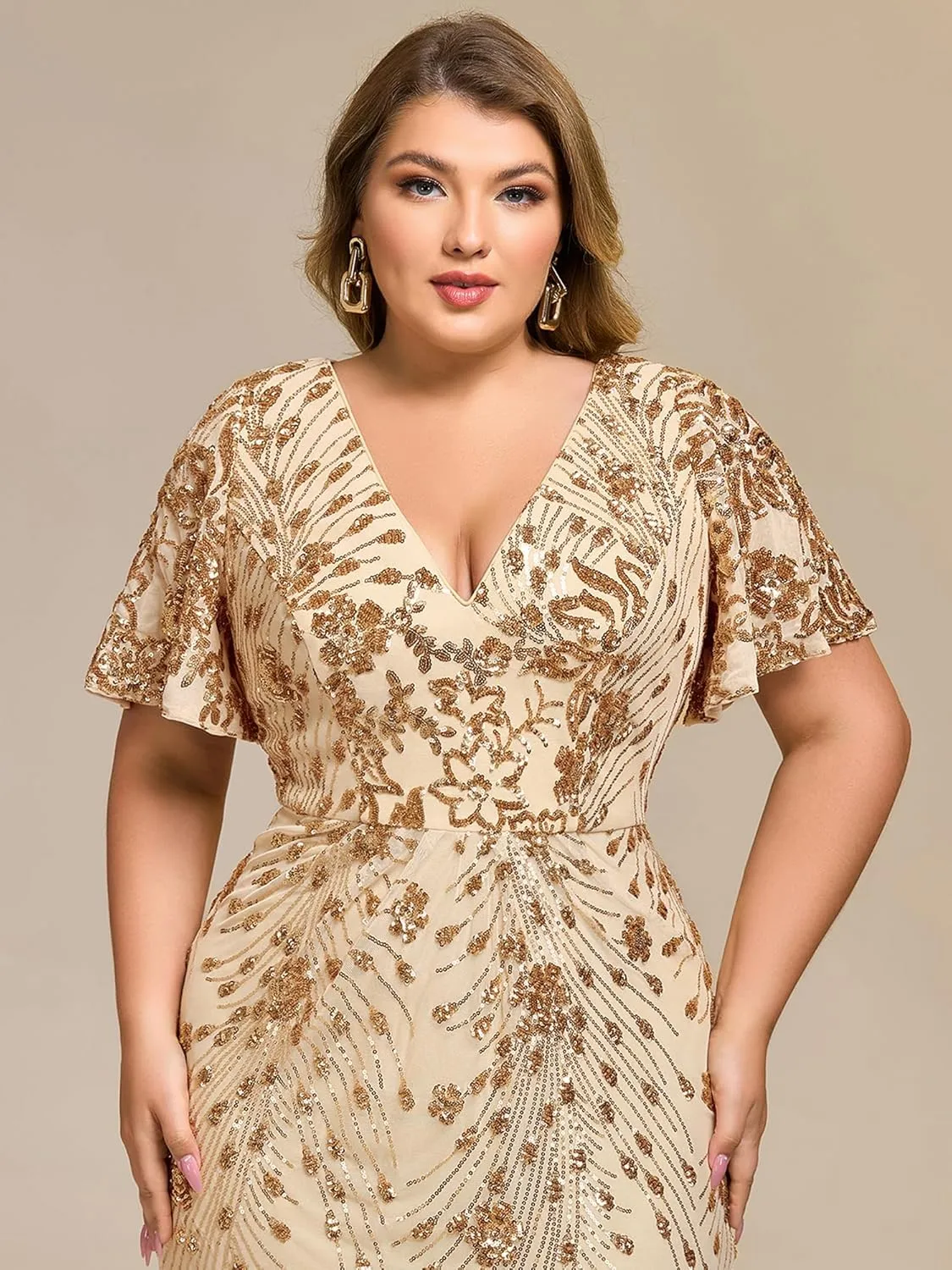 Ever-Pretty Plus Women's V Neck Short Sleeves Bodycon Sequin Maxi Plus Size Formal Dresses