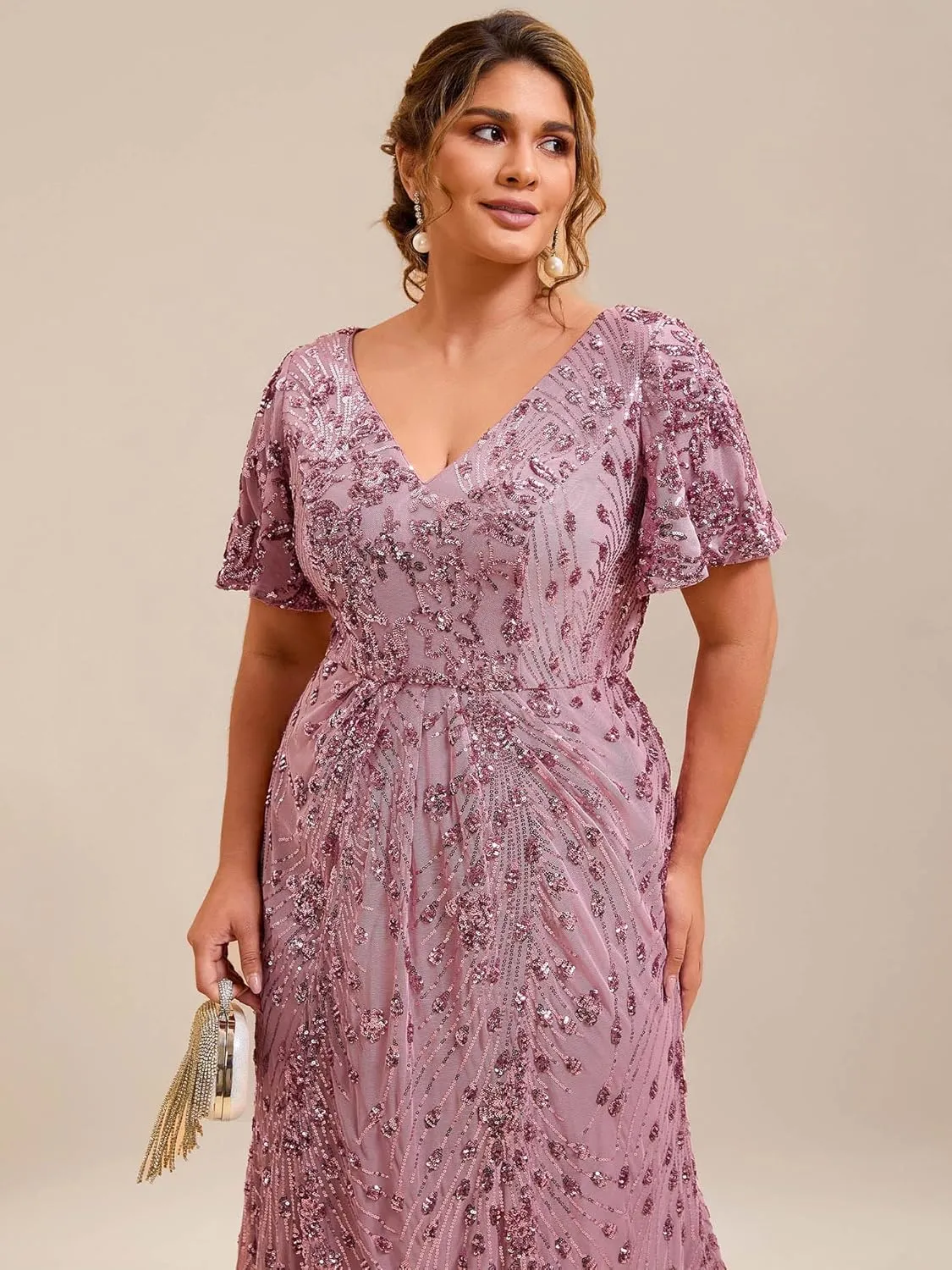 Ever-Pretty Plus Women's V Neck Short Sleeves Bodycon Sequin Maxi Plus Size Formal Dresses