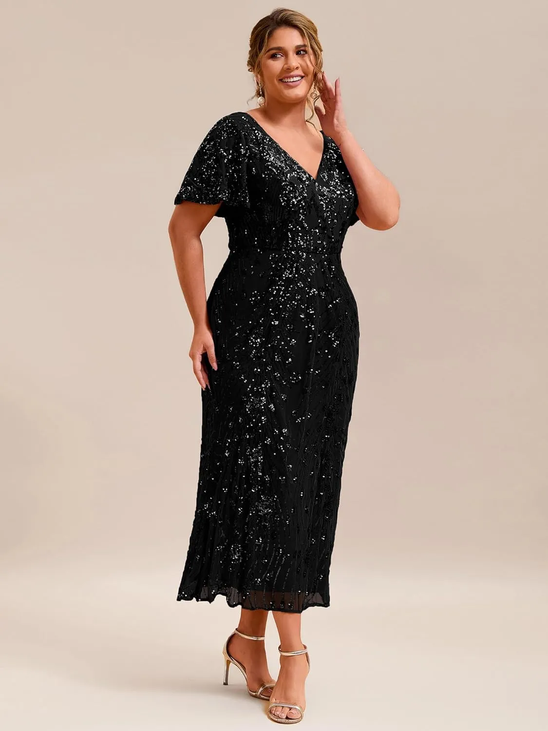 Ever-Pretty Plus Women's V Neck Short Sleeves Bodycon Sequin Maxi Plus Size Formal Dresses