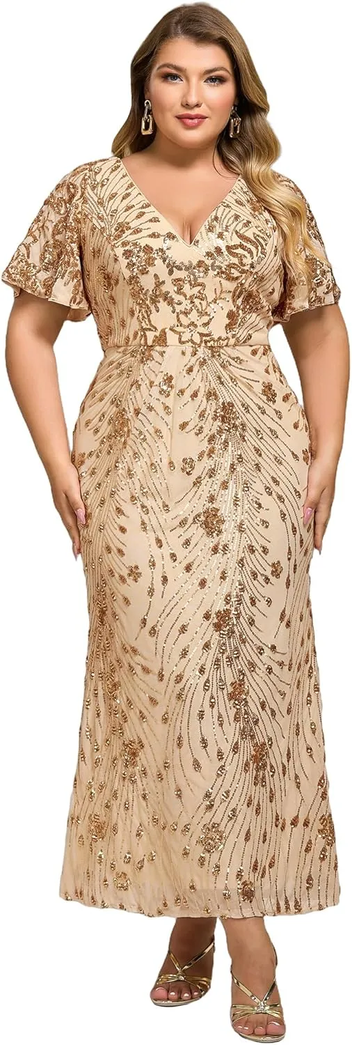 Ever-Pretty Plus Women's V Neck Short Sleeves Bodycon Sequin Maxi Plus Size Formal Dresses