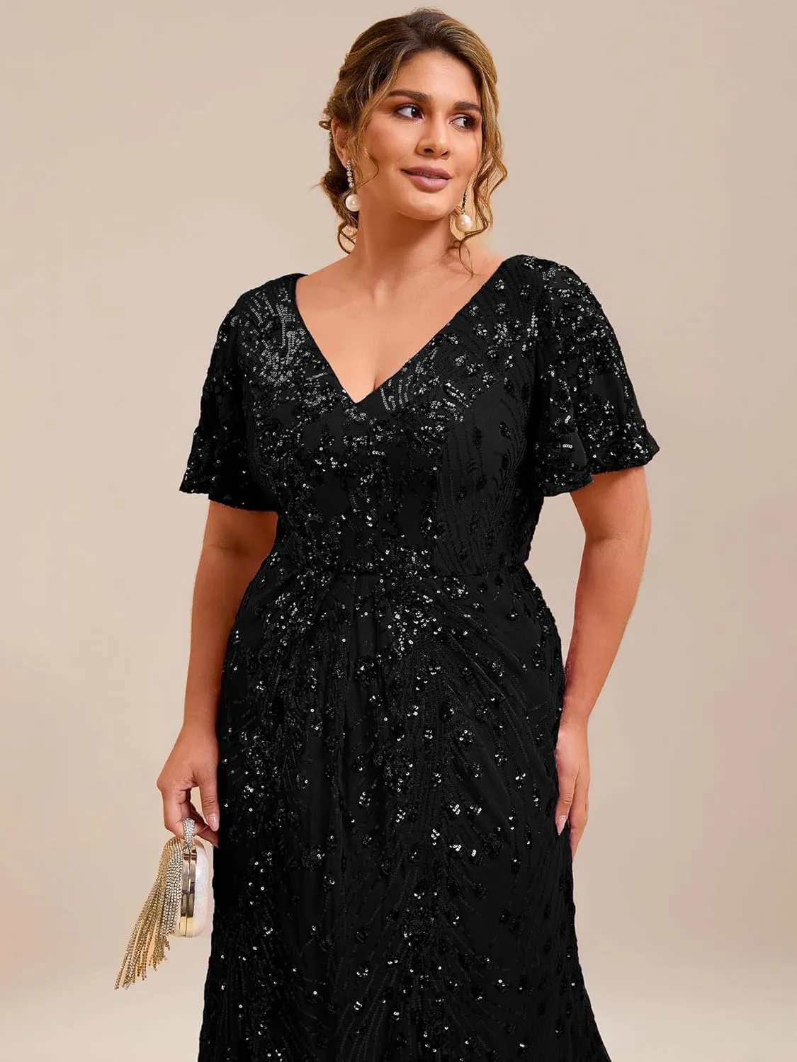 Ever-Pretty Plus Women's V Neck Short Sleeves Bodycon Sequin Maxi Plus Size Formal Dresses