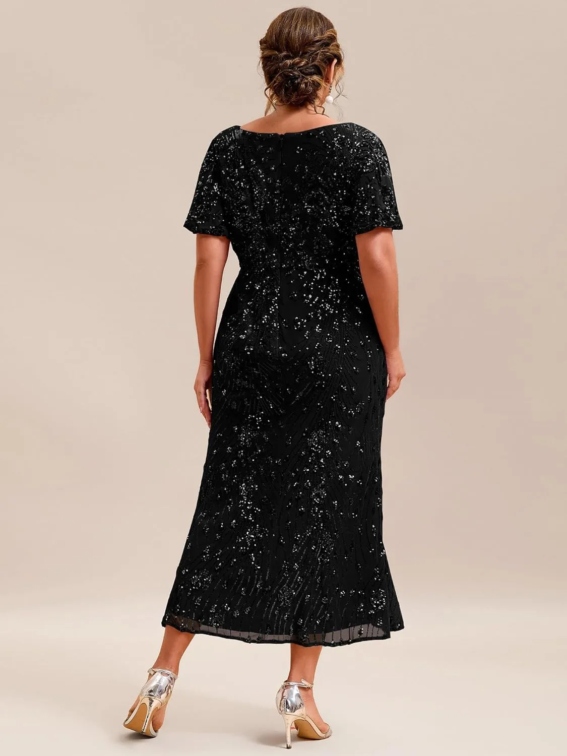 Ever-Pretty Plus Women's V Neck Short Sleeves Bodycon Sequin Maxi Plus Size Formal Dresses