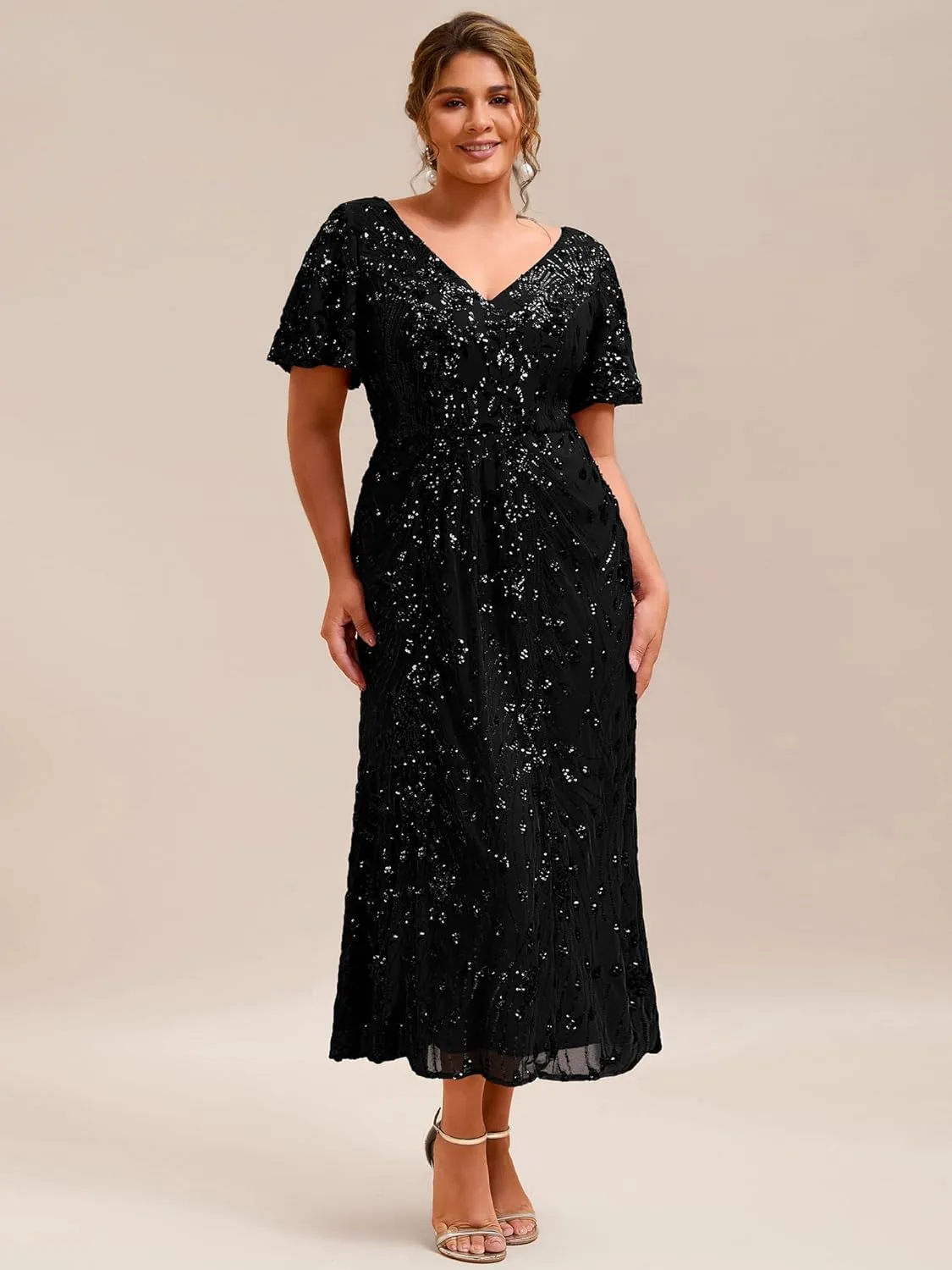 Ever-Pretty Plus Women's V Neck Short Sleeves Bodycon Sequin Maxi Plus Size Formal Dresses