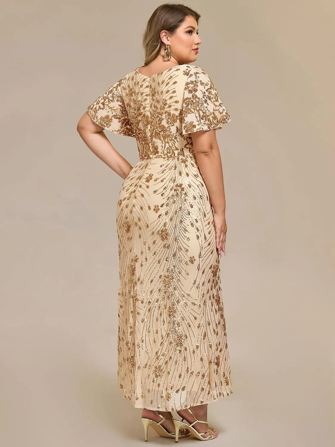 Ever-Pretty Plus Women's V Neck Short Sleeves Bodycon Sequin Maxi Plus Size Formal Dresses