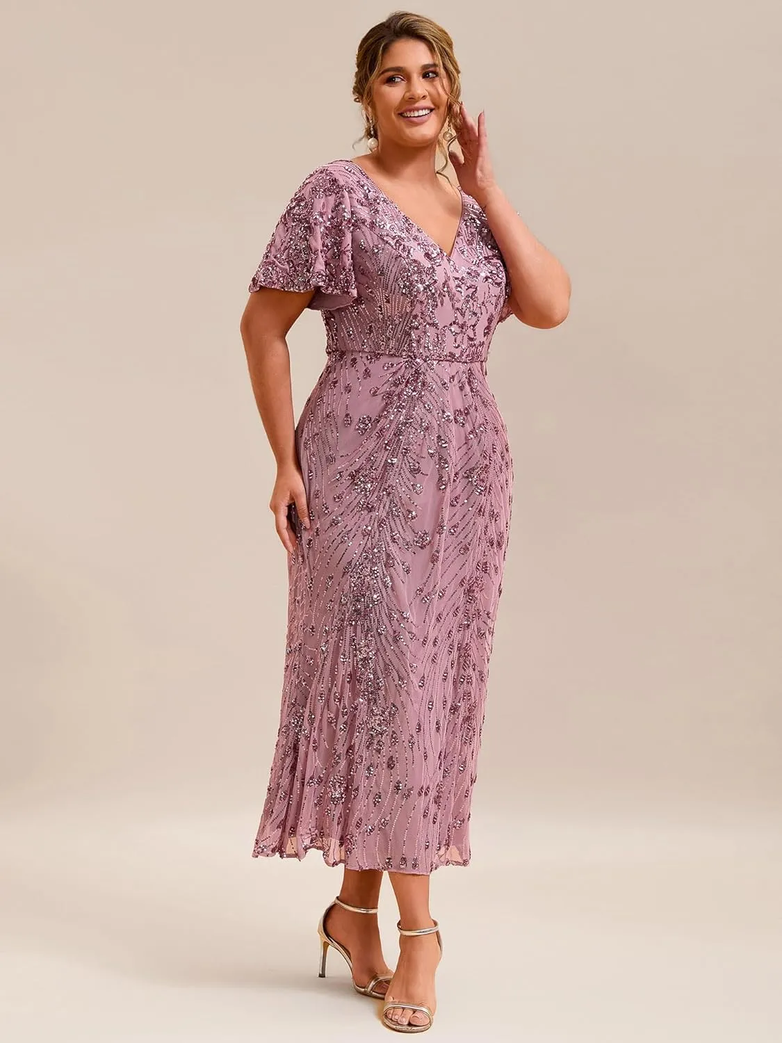 Ever-Pretty Plus Women's V Neck Short Sleeves Bodycon Sequin Maxi Plus Size Formal Dresses