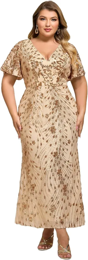 Ever-Pretty Plus Women's V Neck Short Sleeves Bodycon Sequin Maxi Plus Size Formal Dresses