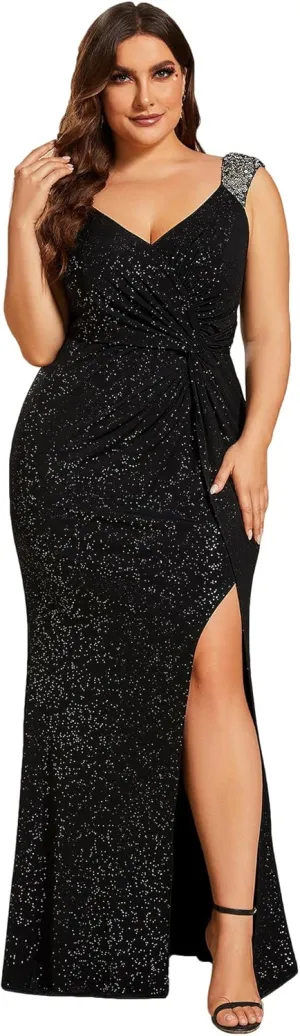 Ever-Pretty V-Neck High Slit Glitter Bodycon Plus Size Ball Gowns Formal Evening Dresses for Curvy Women 01888-DA