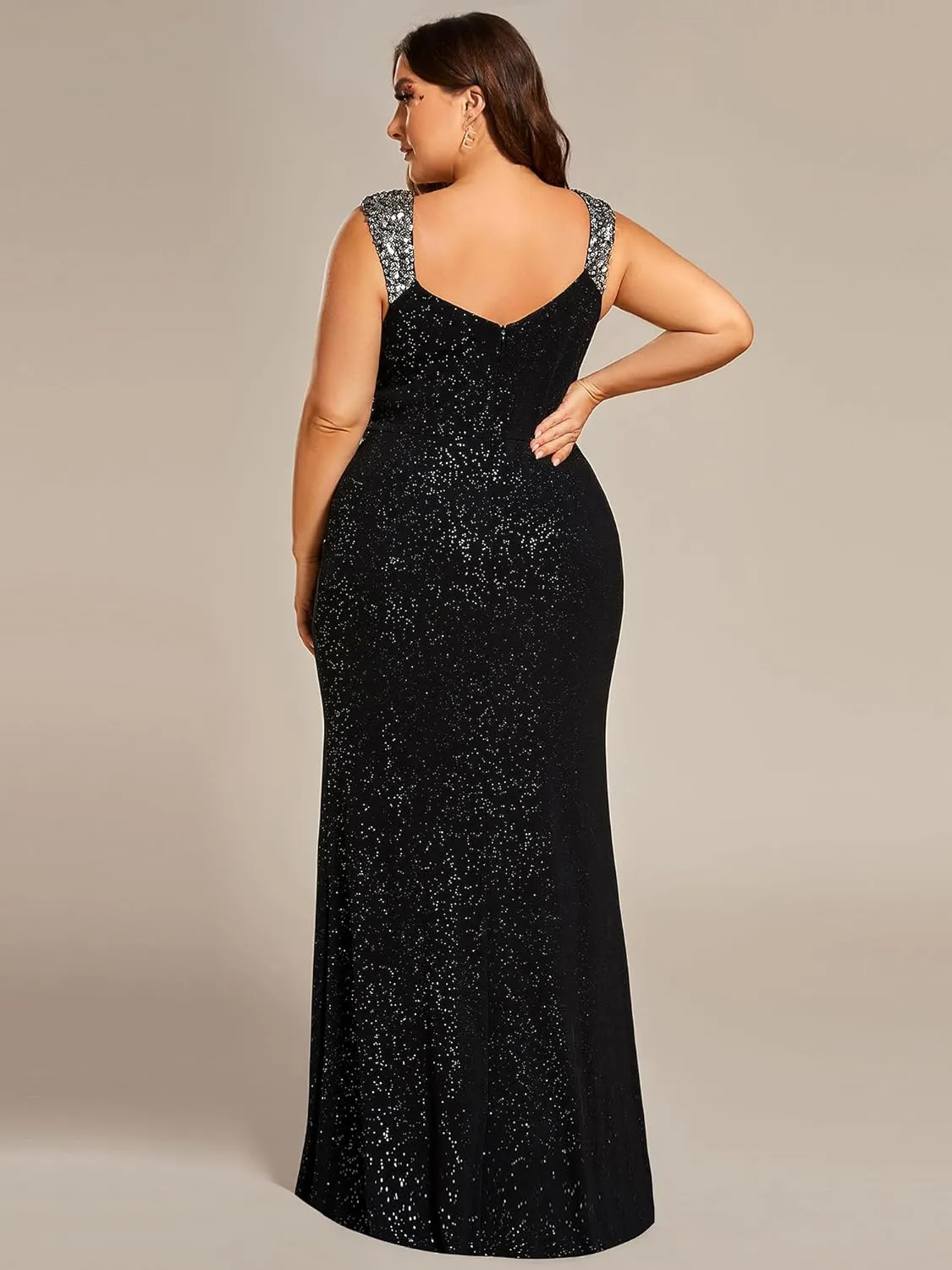 Ever-Pretty V-Neck High Slit Glitter Bodycon Plus Size Ball Gowns Formal Evening Dresses for Curvy Women 01888-DA