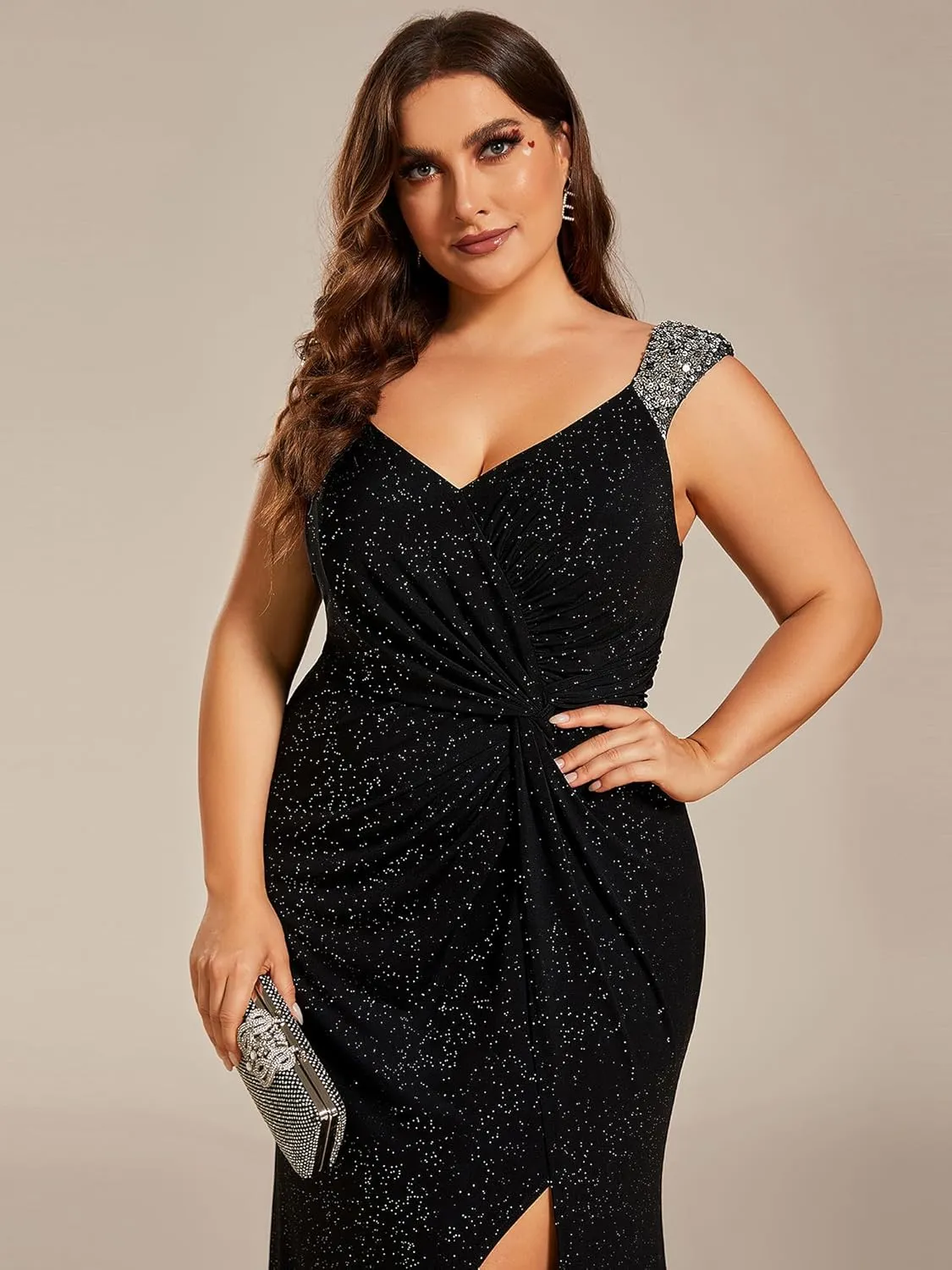 Ever-Pretty V-Neck High Slit Glitter Bodycon Plus Size Ball Gowns Formal Evening Dresses for Curvy Women 01888-DA