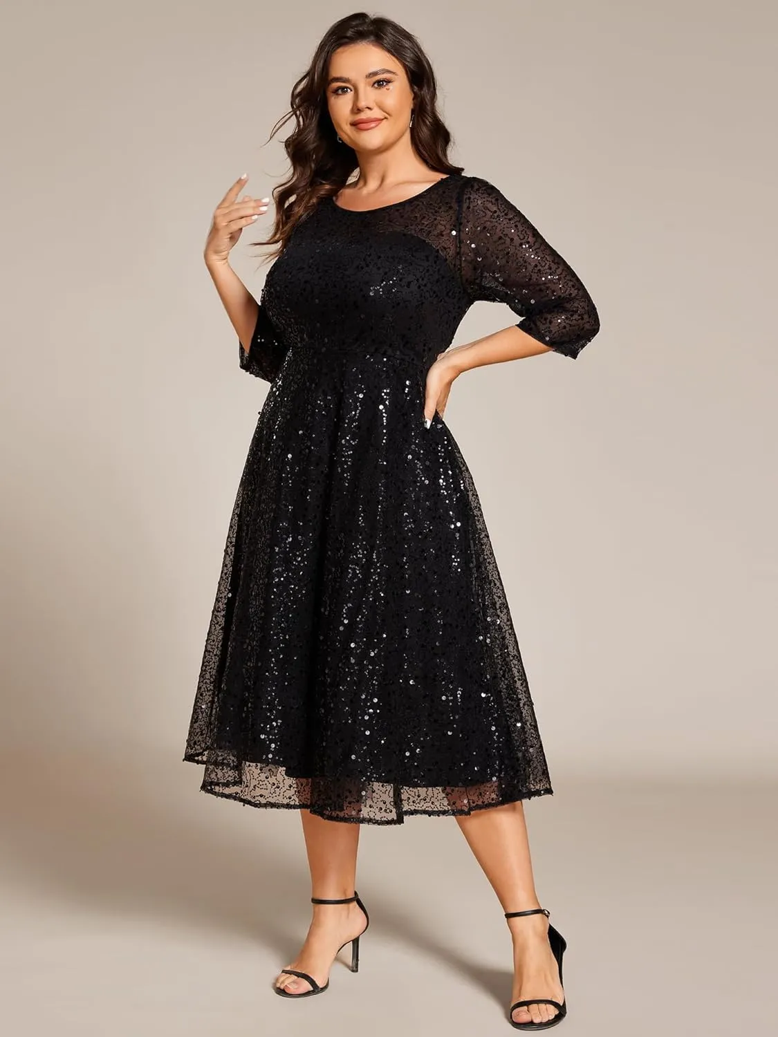 Ever-Pretty Women's 3/4 Sleeves Sequin Empire Waist A Line Plus Size Midi Formal Cocktail Wedding Guest Dresses 02241-DA