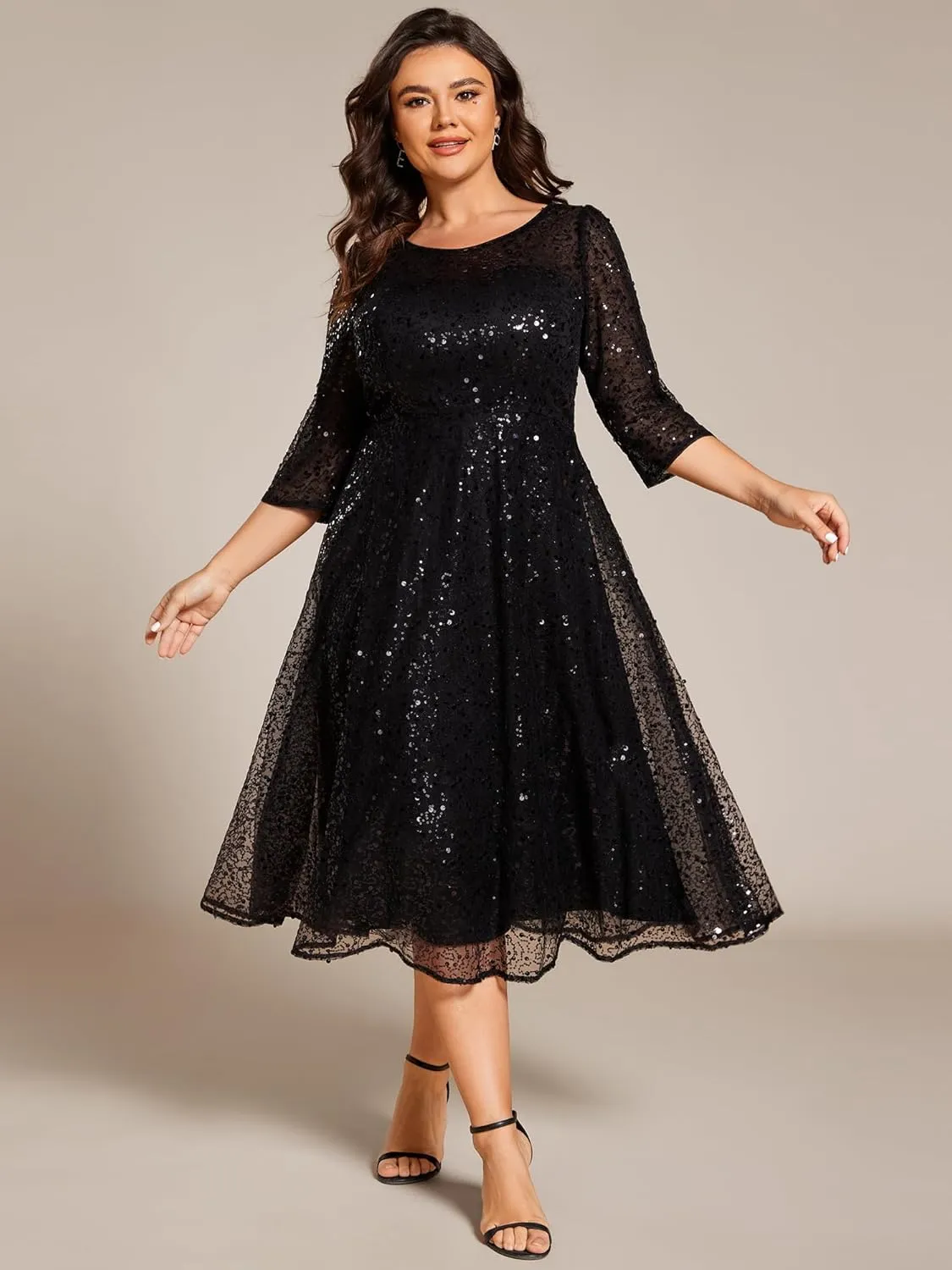 Ever-Pretty Women's 3/4 Sleeves Sequin Empire Waist A Line Plus Size Midi Formal Cocktail Wedding Guest Dresses 02241-DA