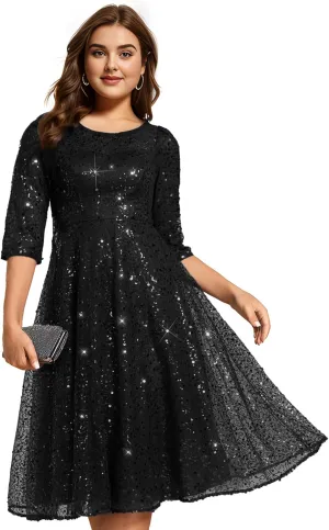 Ever-Pretty Women's 3/4 Sleeves Sequin Empire Waist A Line Plus Size Midi Formal Cocktail Wedding Guest Dresses 02241-DA