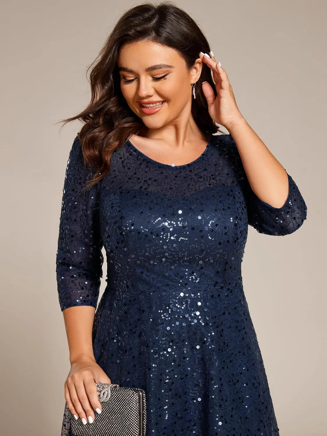 Ever-Pretty Women's 3/4 Sleeves Sequin Empire Waist A Line Plus Size Midi Formal Cocktail Wedding Guest Dresses 02241-DA