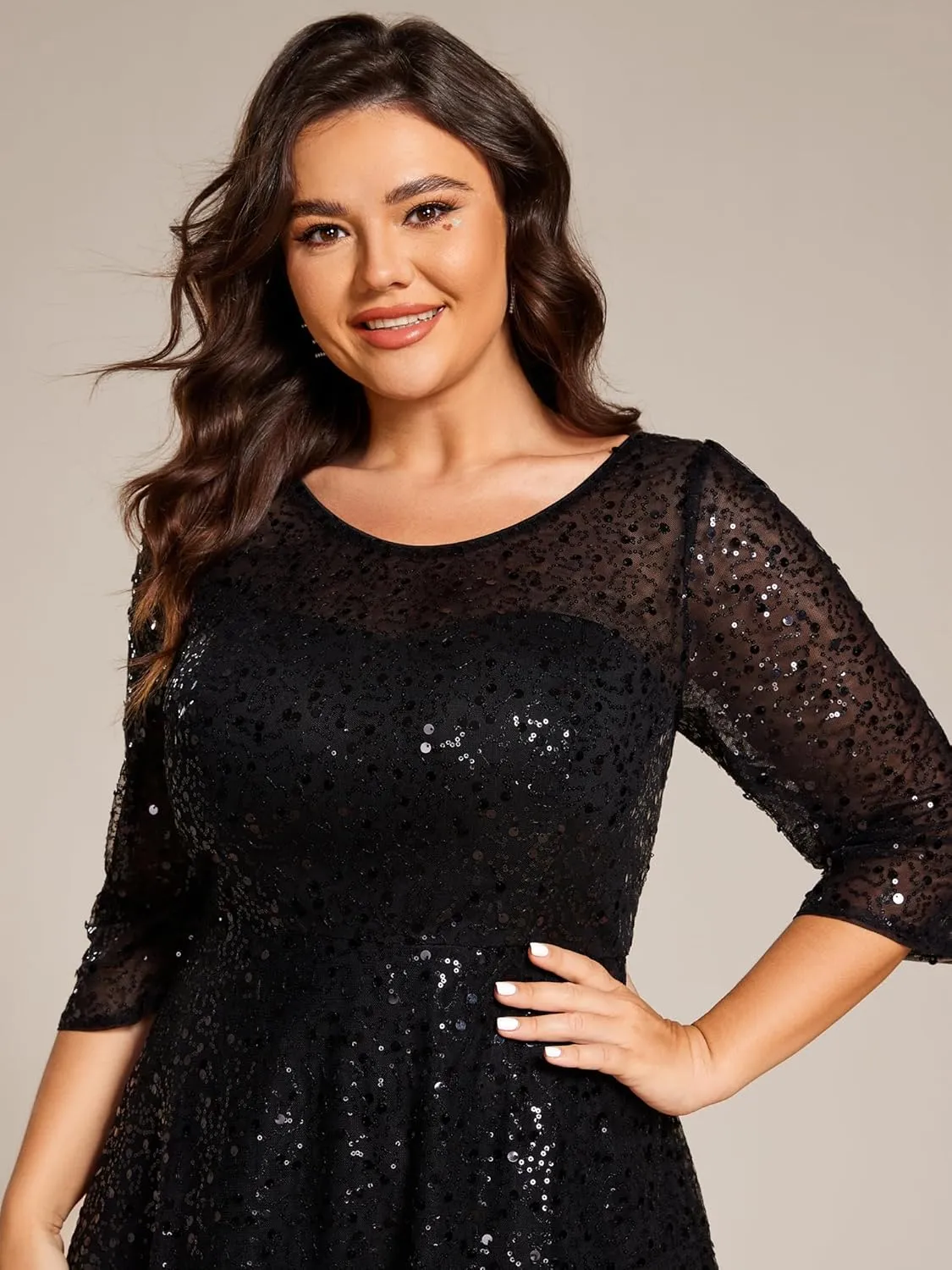 Ever-Pretty Women's 3/4 Sleeves Sequin Empire Waist A Line Plus Size Midi Formal Cocktail Wedding Guest Dresses 02241-DA