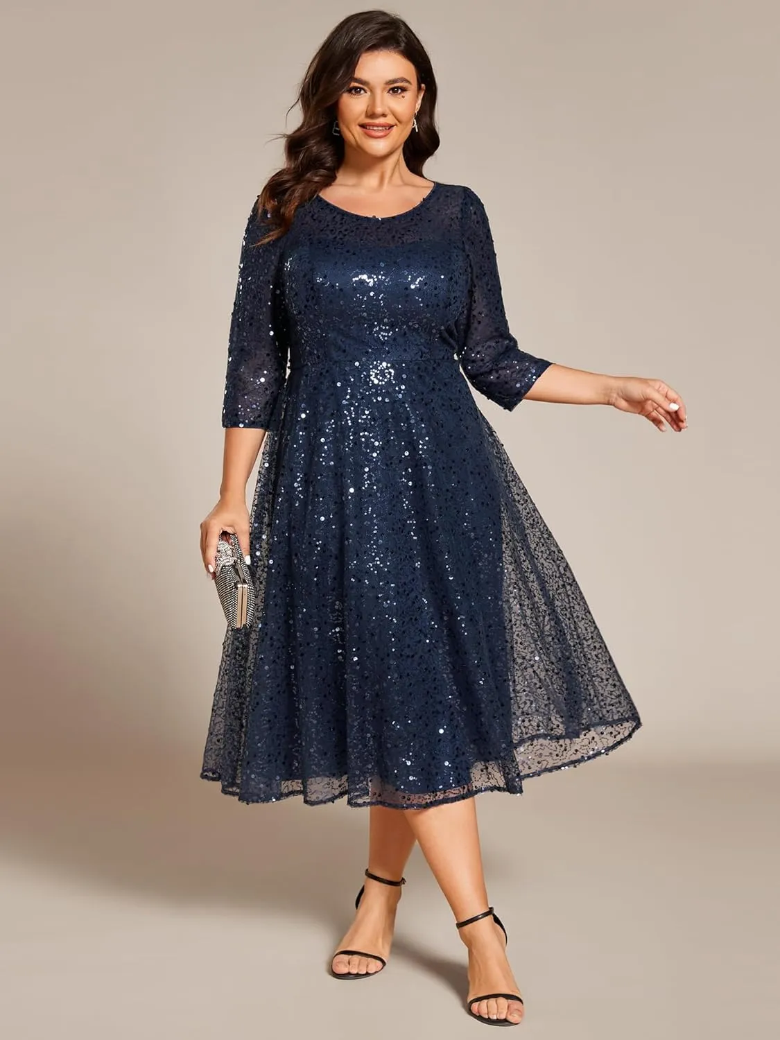 Ever-Pretty Women's 3/4 Sleeves Sequin Empire Waist A Line Plus Size Midi Formal Cocktail Wedding Guest Dresses 02241-DA