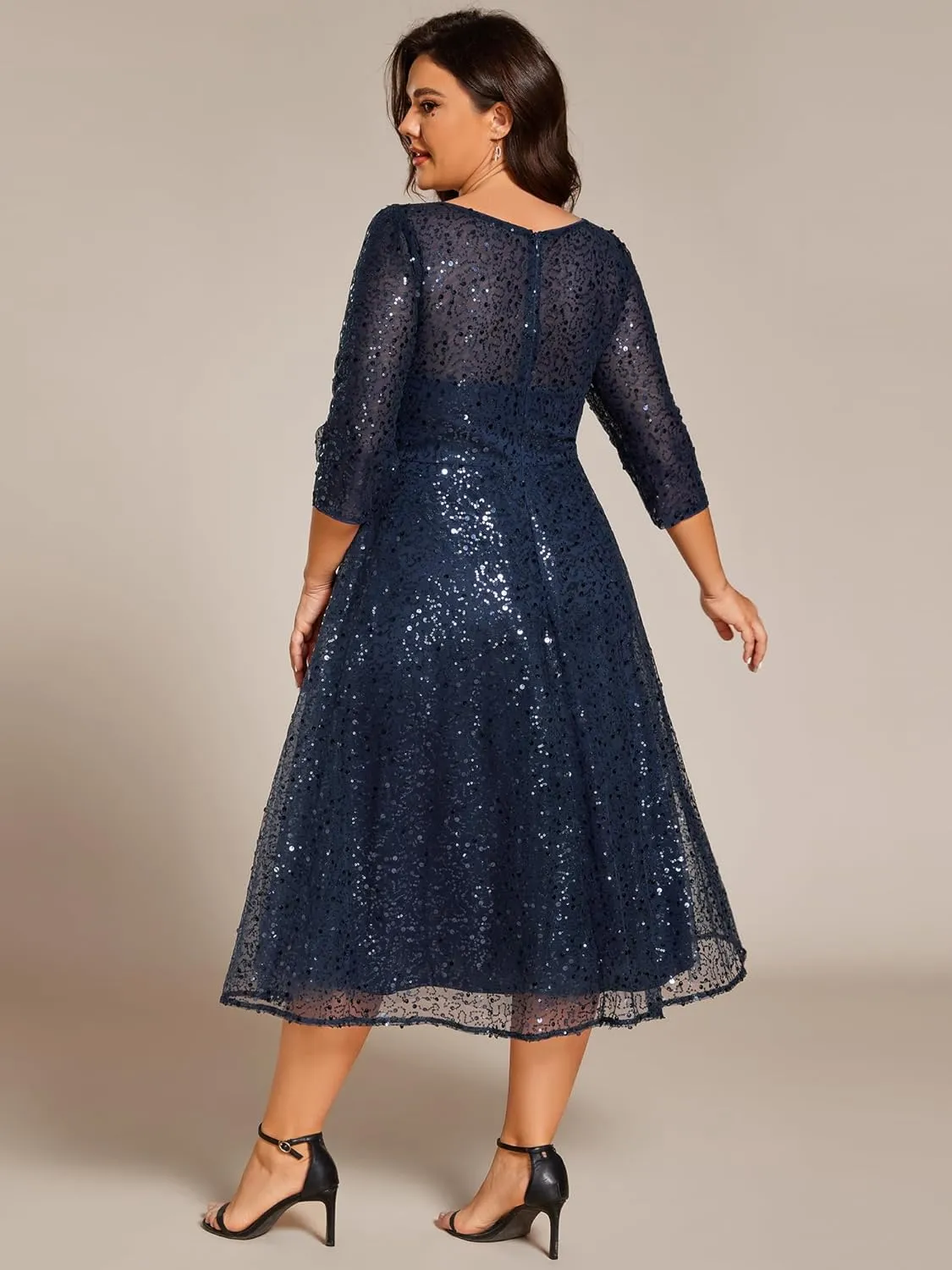 Ever-Pretty Women's 3/4 Sleeves Sequin Empire Waist A Line Plus Size Midi Formal Cocktail Wedding Guest Dresses 02241-DA