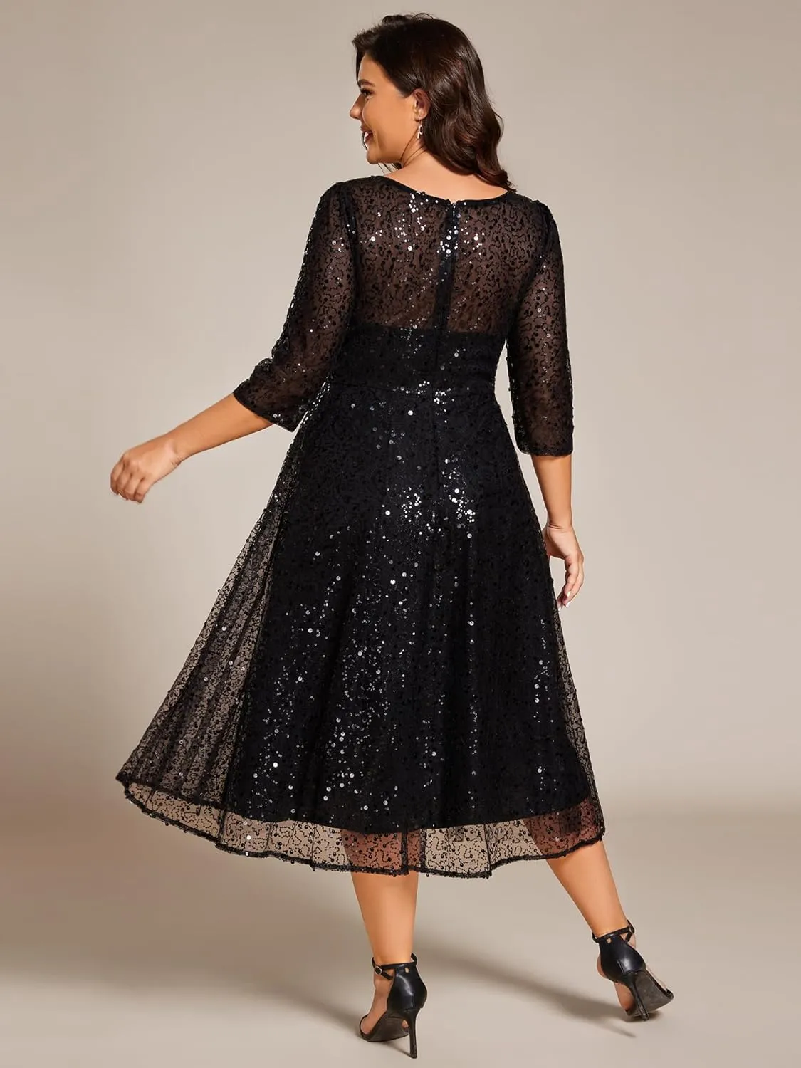Ever-Pretty Women's 3/4 Sleeves Sequin Empire Waist A Line Plus Size Midi Formal Cocktail Wedding Guest Dresses 02241-DA