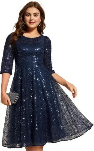 Ever-Pretty Women's 3/4 Sleeves Sequin Empire Waist A Line Plus Size Midi Formal Cocktail Wedding Guest Dresses 02241-DA