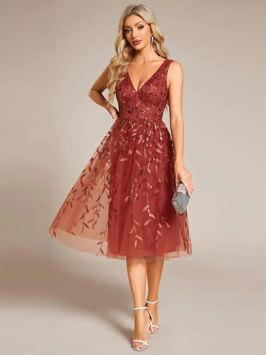 Ever-Pretty Women's A Line V Neck Open Back Sleeveless Ruched Sequin Knee Length Formal Dress 02106
