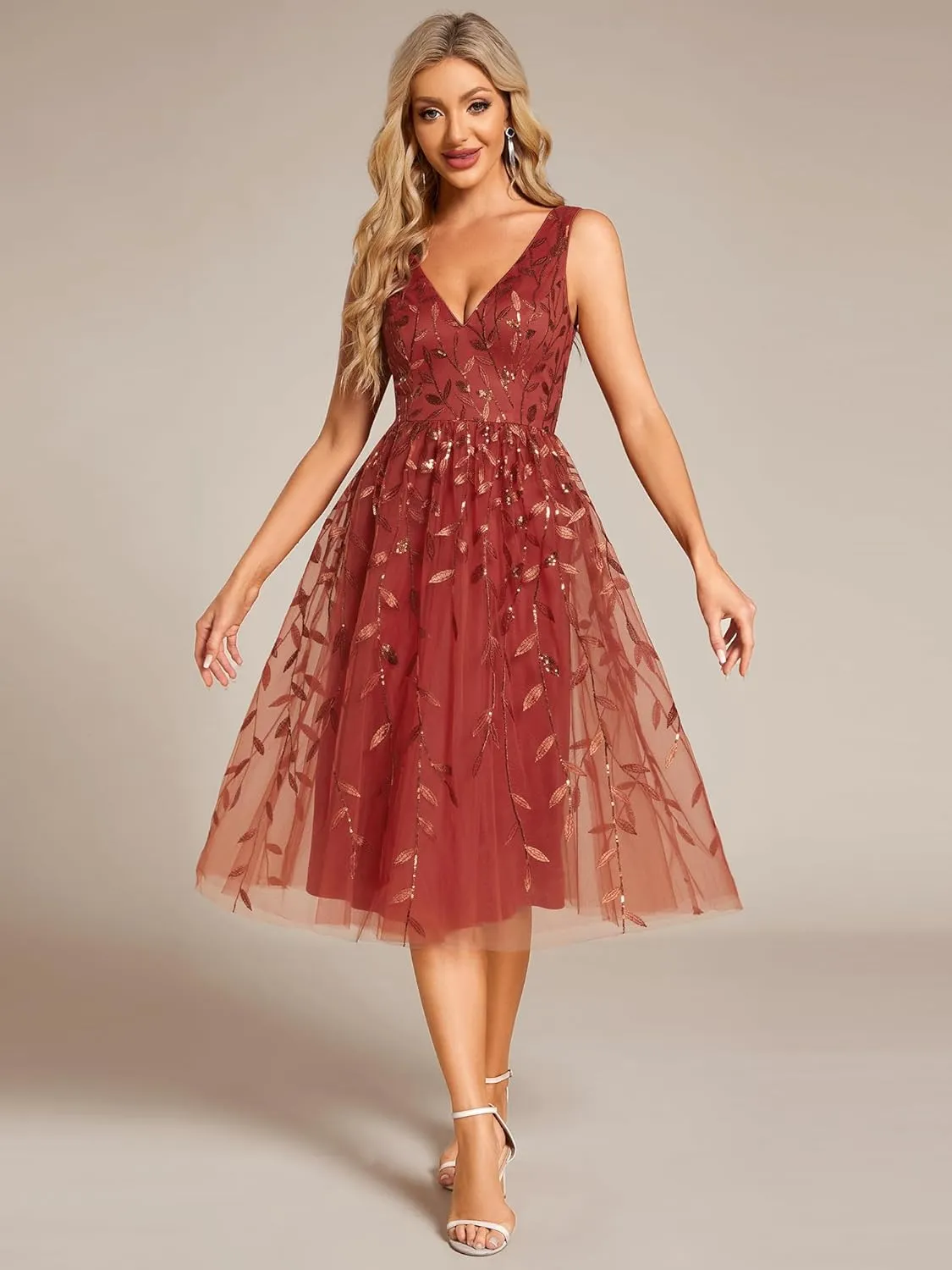 Ever-Pretty Women's A Line V Neck Open Back Sleeveless Ruched Sequin Knee Length Formal Dress 02106